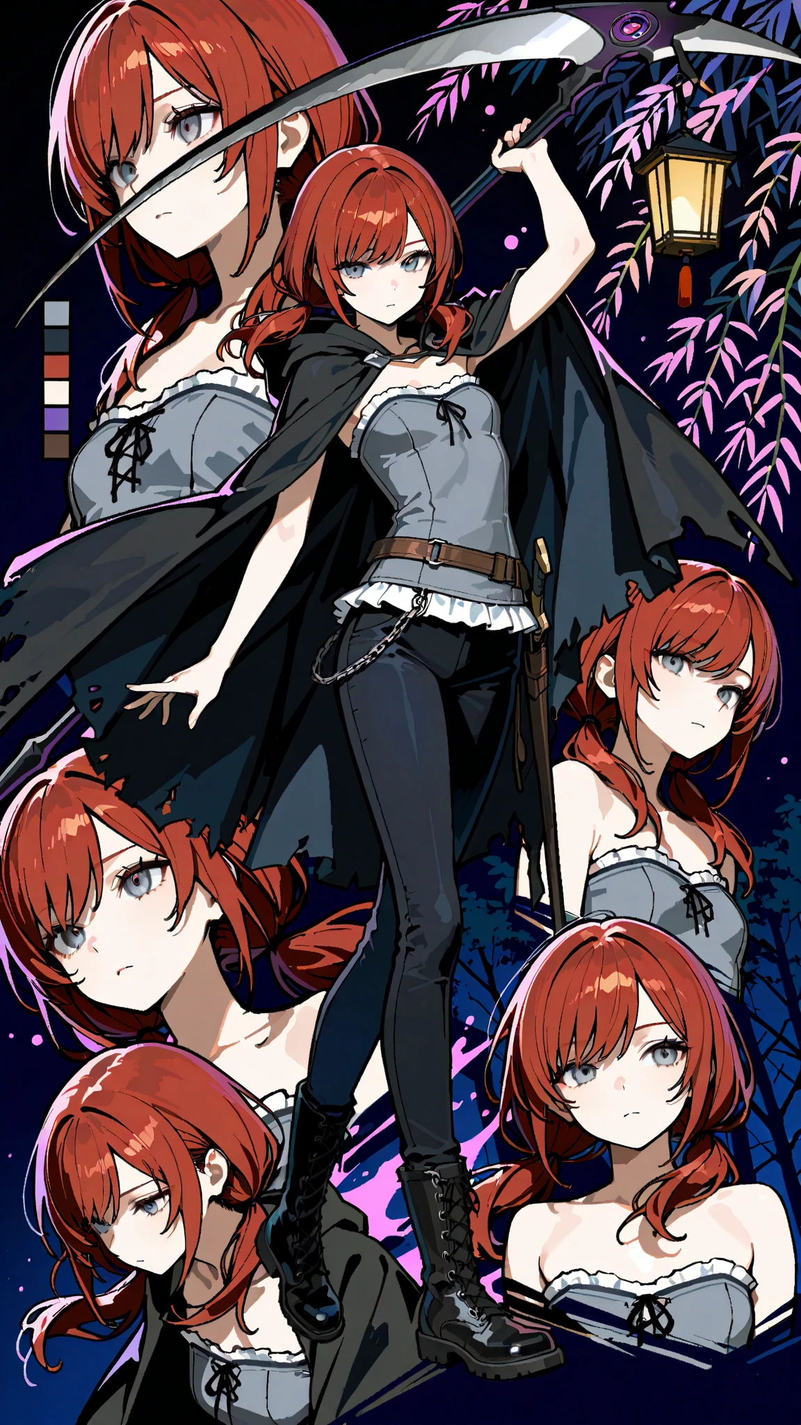 (masterpiece:1.2, Best Quality), (finely detailed beautiful eye: 1.2), (beautiful detailed face, good_hands),  expressionless, different poses, lifeless eyes, tired, upper body, portrait, action pose, holding scythe, black scythe, scythe with dark purple edge, dynamic angle, dark red hair,swept bangs, low twin tails, gray eyes, strapless gray shirt, white frill trim, black trousers, black combat boots, tattered black cloak, willow tree branches, dark background, lantern, small , thin, (color guide:1.2), (multiple views), (full body), dynamic pose,dramatic composition with ink splatter effects, manga style with explosive effect,dramatic lighting, dark purple splash effect,
