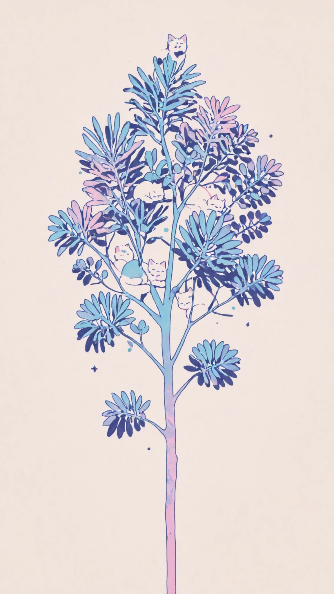 Highest Quality、masterpiece:1.2、fantastic、perfect anatomy、((( small cat sleeping)))、Simple colors、Houseplant Silhouettes、Succulent Plant Silhouettes、limited palette,negative space,No line drawing,gradation background,blending,