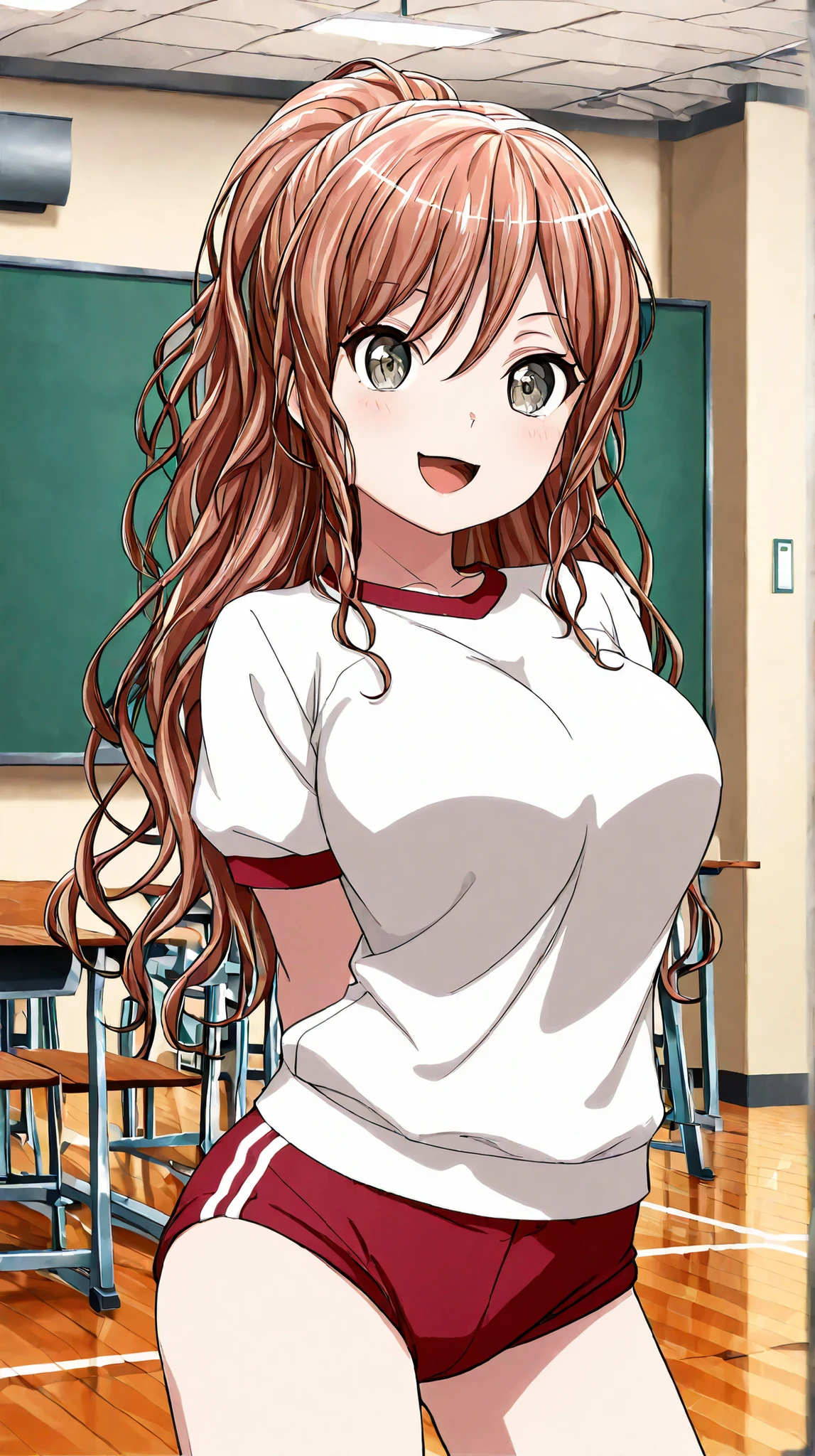 masterpiece,best quality,unity 8k wallpaper,source_anime,anime coloring,1girl,solo,imai lisa,beautiful face,long hair,ponytail,brown hair,dark green eyes,big breasts,gym uniform,red buruma,class room,indoor,arms behind back,smile,looking at viewer,contrapposto,open mouth,
