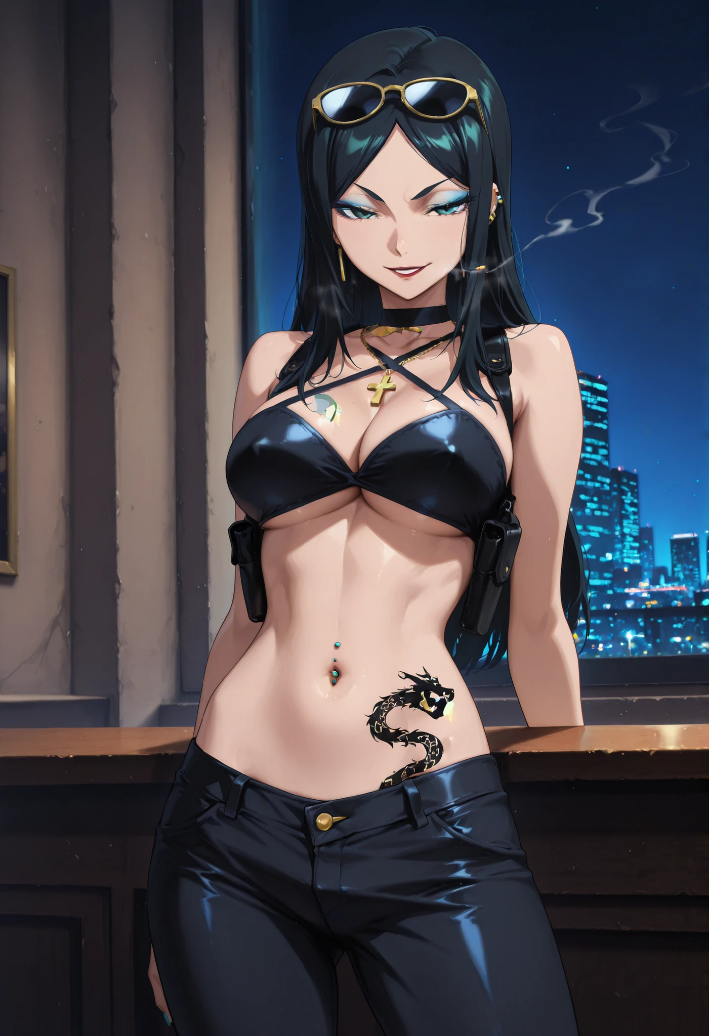m1n1eb,1girl,solo,black hair,long hair,,blue eyeshadow,dark green eyes,lipstick,
nail polish , , makeup , ear piercing , long hair , lipstick , Hot girl , baddie , smoking , sensual , attractive , choker , cross necklace ,pull_down leggings,(show off panties,:1.2, no panties),seductive smile,, BREAK, 1girl, , , , (fit body:1.1),( BREAK, dragon print black leggings, covered ,, shoulder holster,,open mouth, top, underboob, dragon print jacket, criss-cross halter ,bar background, inside bar,indoors, cityscape, casino, nightclub, city lights,, () ,, navel piercing , holding pistol,, sunglasses on head,, medium large ,looking at viewer , dragon tattoo on waist, narrowed eyes, tattoo on waist, anipai_style , anime screencap , anime coloring, v-shape eyebrows,