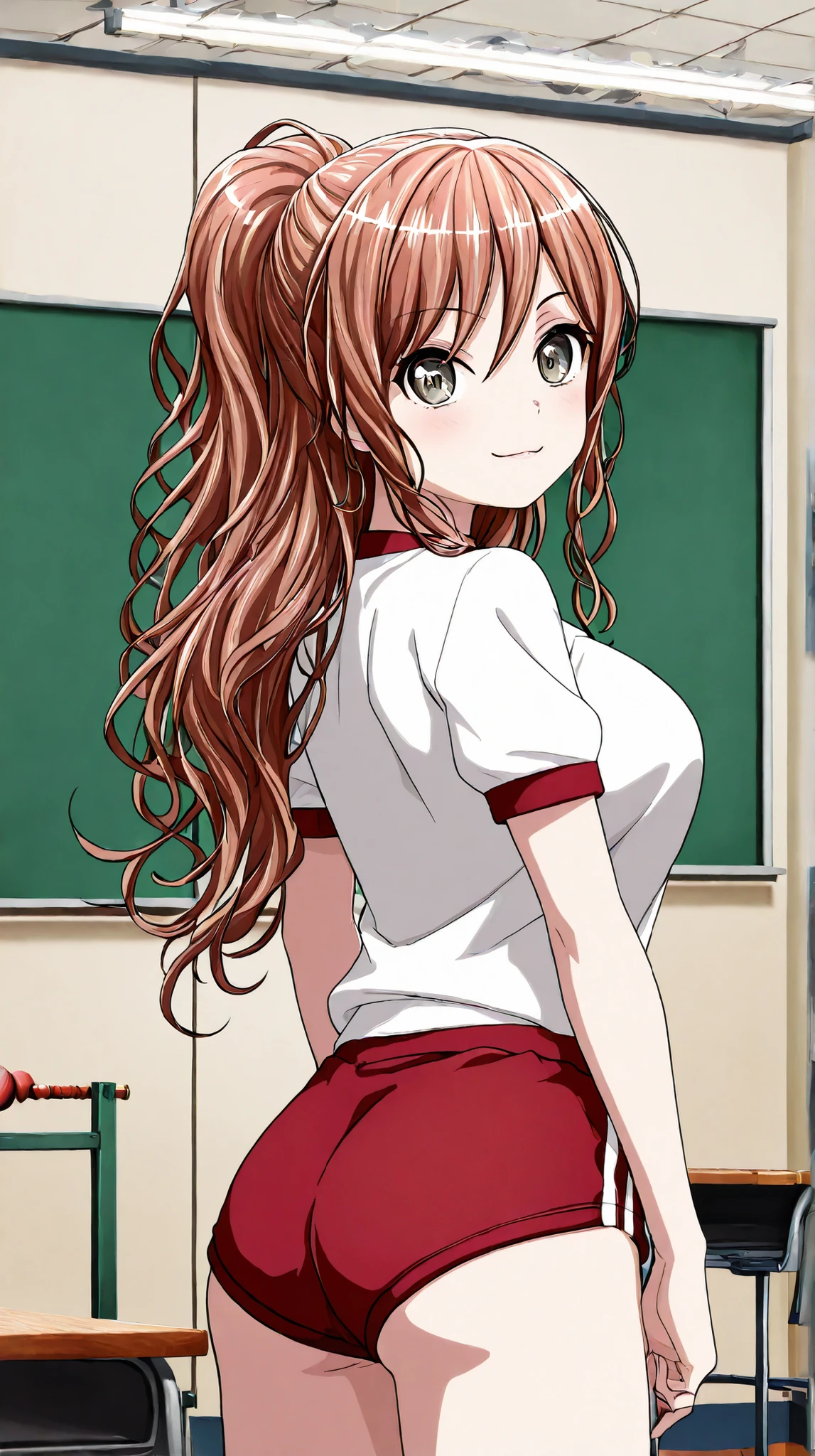 masterpiece,best quality,unity 8k wallpaper,source_anime,anime coloring,1girl,solo,imai lisa,beautiful face,long hair,ponytail,brown hair,dark green eyes,big breasts,gym uniform,red buruma,class room,indoor,smile,looking at viewer,from behind,back view,