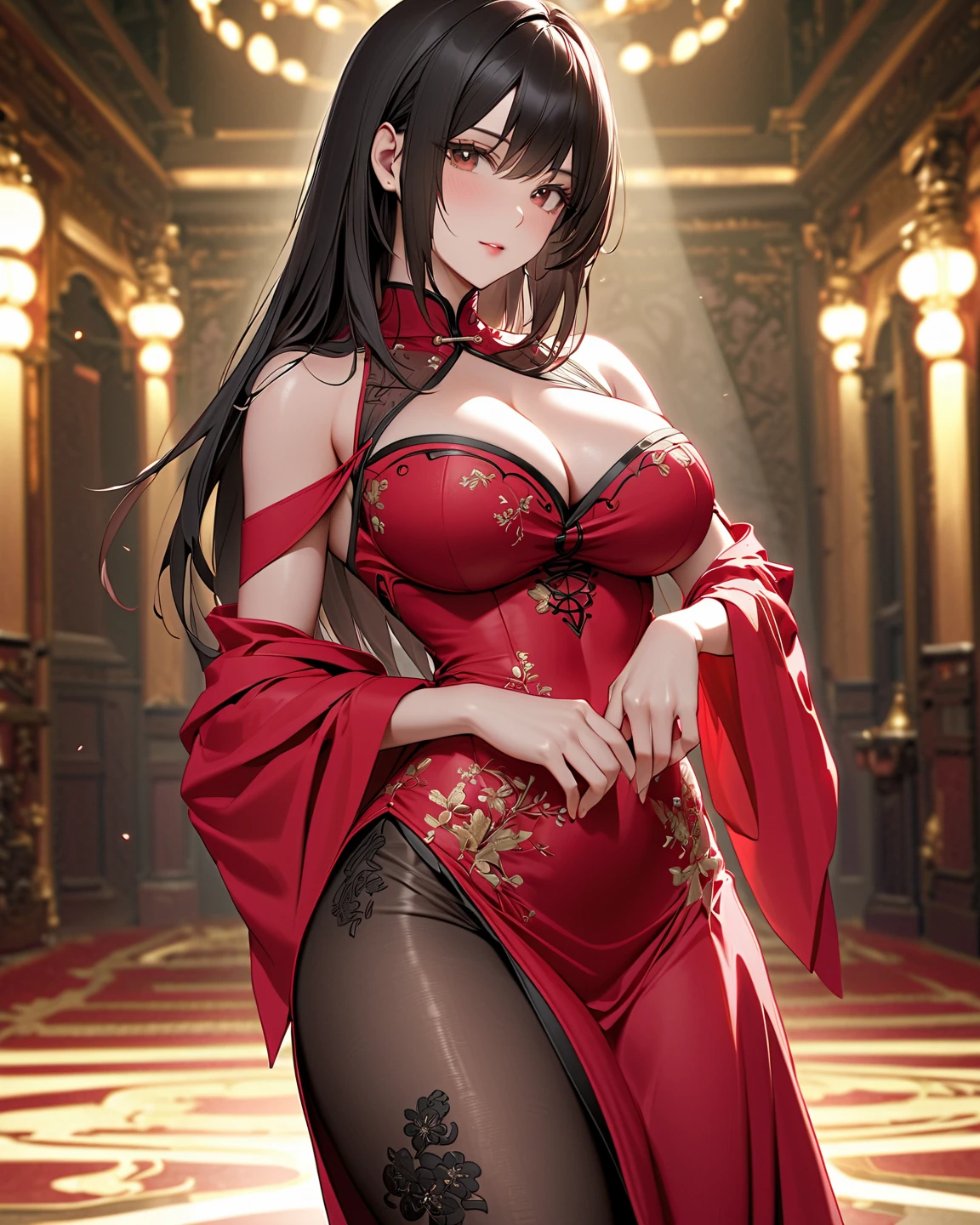 A woman with big ，Black velvet evening gown，Floor-length skirt，Deep V neckline。The evening gown is embroidered with delicate red roses，Flowers vary in size，Extends from waist to hem。Roses embroidered in gold thread，Rich in details，Lifelike。Background is indoor banquet，Tall figure，Long hair shawl，Smiling，The overall creates a noble and romantic atmosphere。