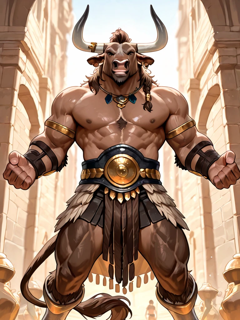 zPDXL3, score_9_up, score_8_up, score_7_up, detailed, source_furry, (best quality:1.2), hi res, ambient lighting, digital media \(artwork\) BREAK greek mythology, solo, asteriushades, horns, minotaur, black eyes, tail, nose ring, muscular male, humanoid feet, broad shoulders, holding weapon, battle axe, action pose  <lora:detailed_notrigger:1> <lora:Asterius_Hades_V1:1> <lora:hand 4:1>