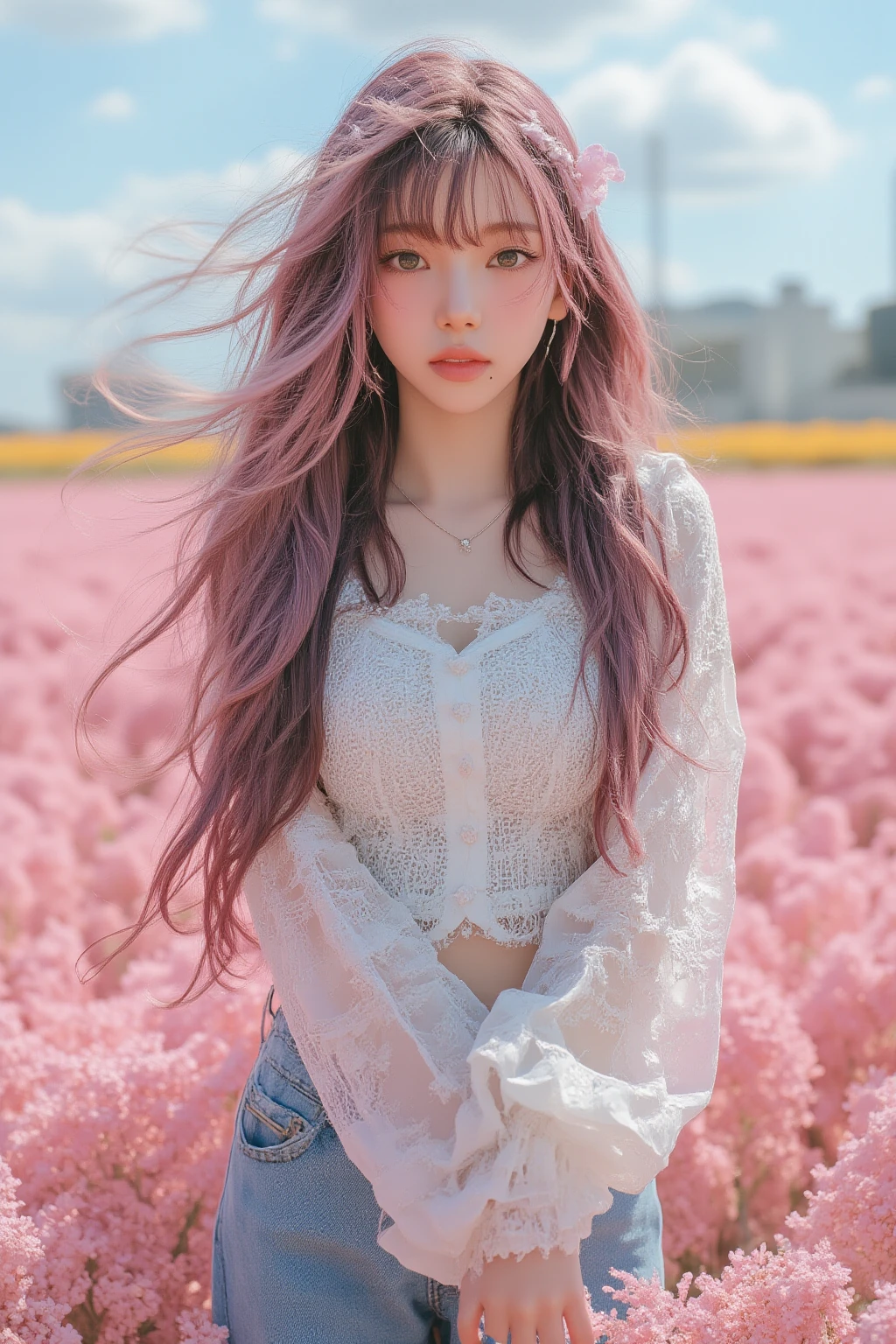 high qulity，4K，detailed detail，Dreamy，hyper realisitc，Up and down opposites，Parallel worlds，Girls fall from the sky，long  white hair，Vertical descent，closing her eyes，Keep quiet，Girl in the Clouds，Pink light and shadow，