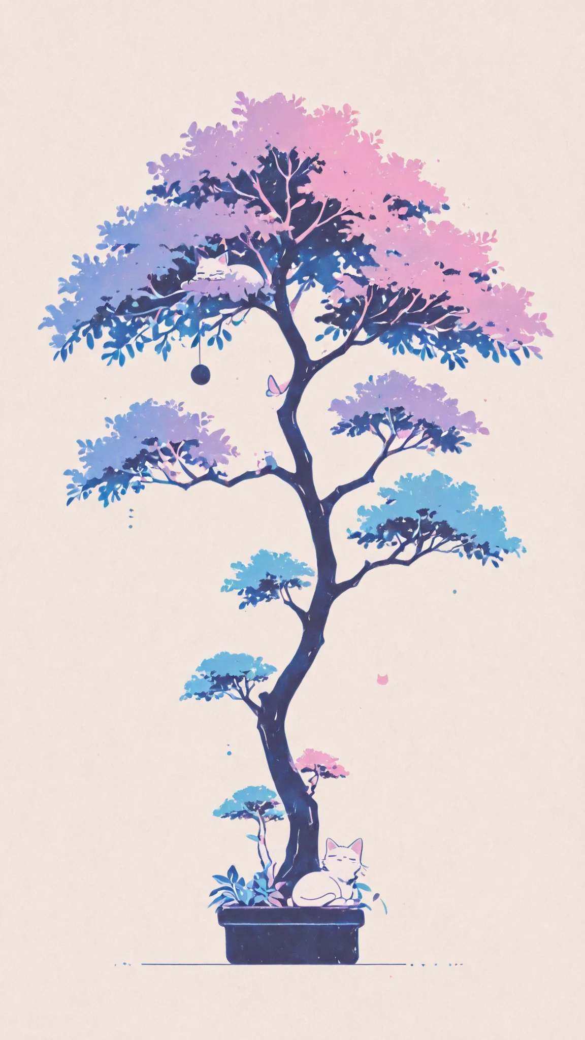 Highest Quality、masterpiece:1.2、fantastic、perfect anatomy、((( small cat sleeping)))、Simple colors、Houseplants、Bonsai's、limited palette,negative space,No line drawing,gradation background,,