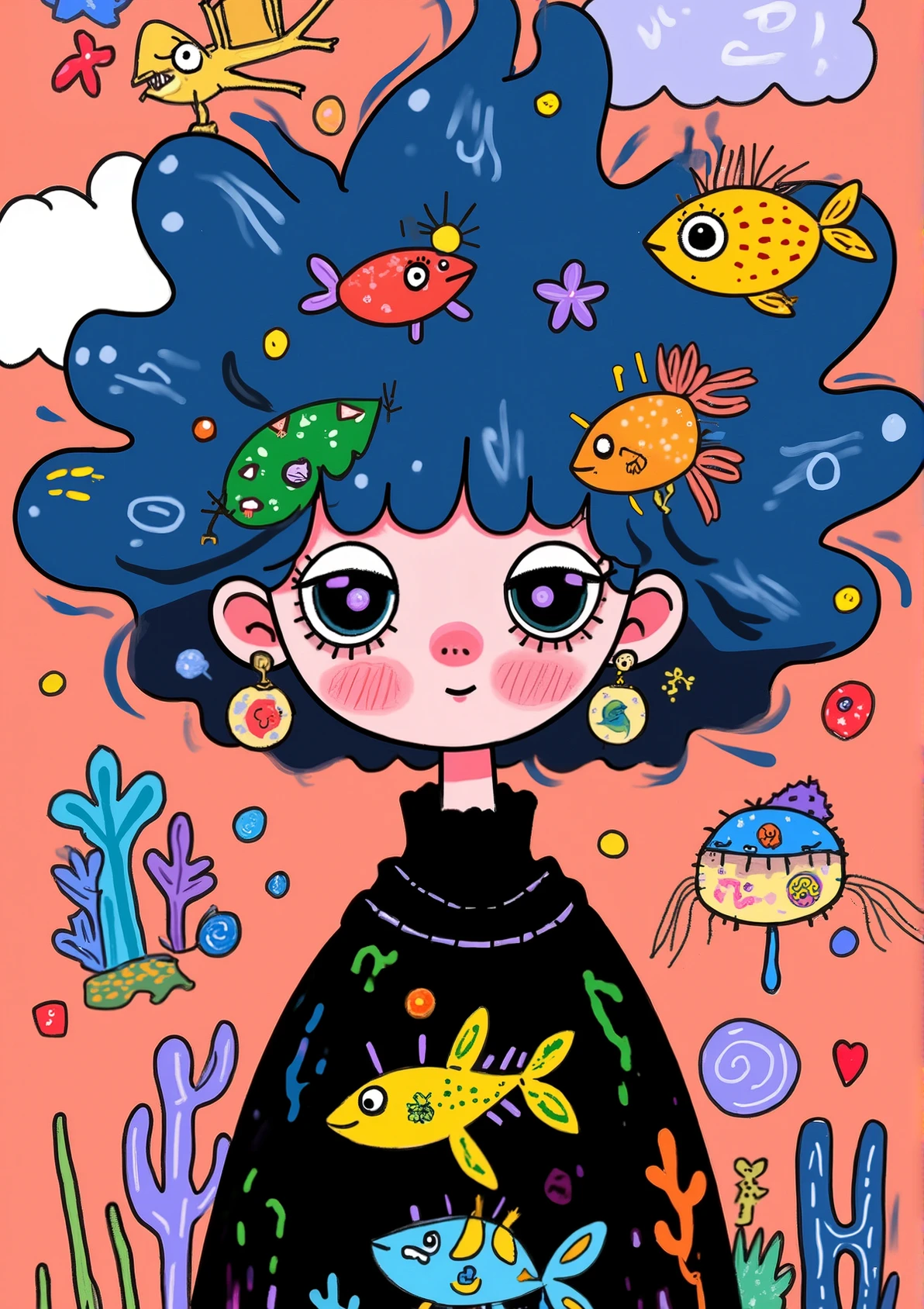 logo design , Keith Harlin (Keith Harlin) style :Dream,cloud。a cartoon girl with colorful eyes smiling ,Black turtleneck sweater, A door opens in the body , Dream幻的插图 , big and pretty eyes , Big colorful eyes 。Colored fish in the body ,Colored coral