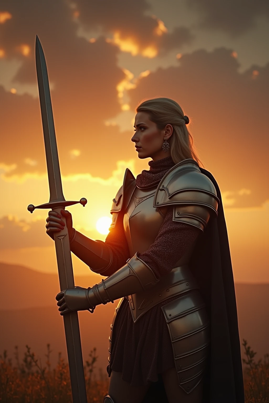 A young knight polishes his sword at sunset, The sky behind her is covered with golden clouds. Her armor shines when she stops to think. fantasy-realism, Dramatic lighting, Highly detailed metalwork, 8k storytelling frame.