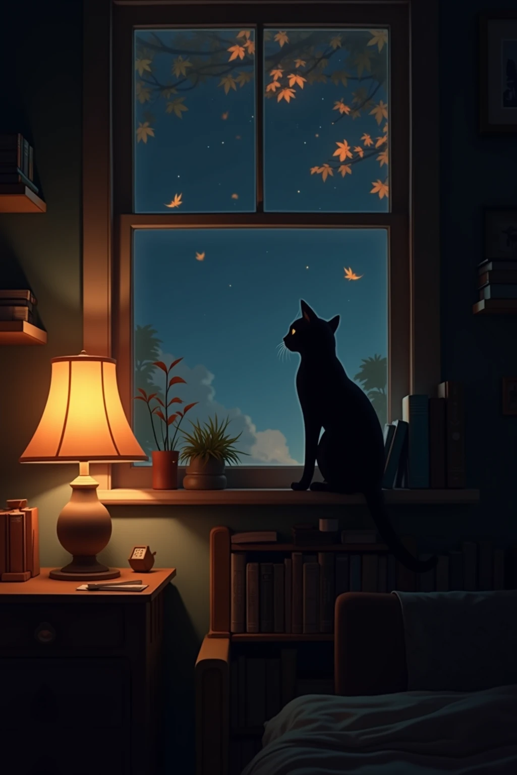 A black cat perched on a bookshelf at night, gazing at the open-air studio {x} Outside the window，autumn leaves spinning outside. illuminated by a table lamp, casts warm light and dramatic shadows. The image combines comfort and mystery, in Ghibli style digital style. emphasizes room texture, warm cold contrast, emotional color grading. 8K details, Super soft brush, storytelling tone.