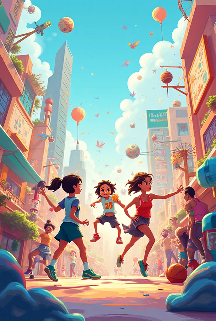 Create a cartoon integrating the three themes: esporte, Music and art ...