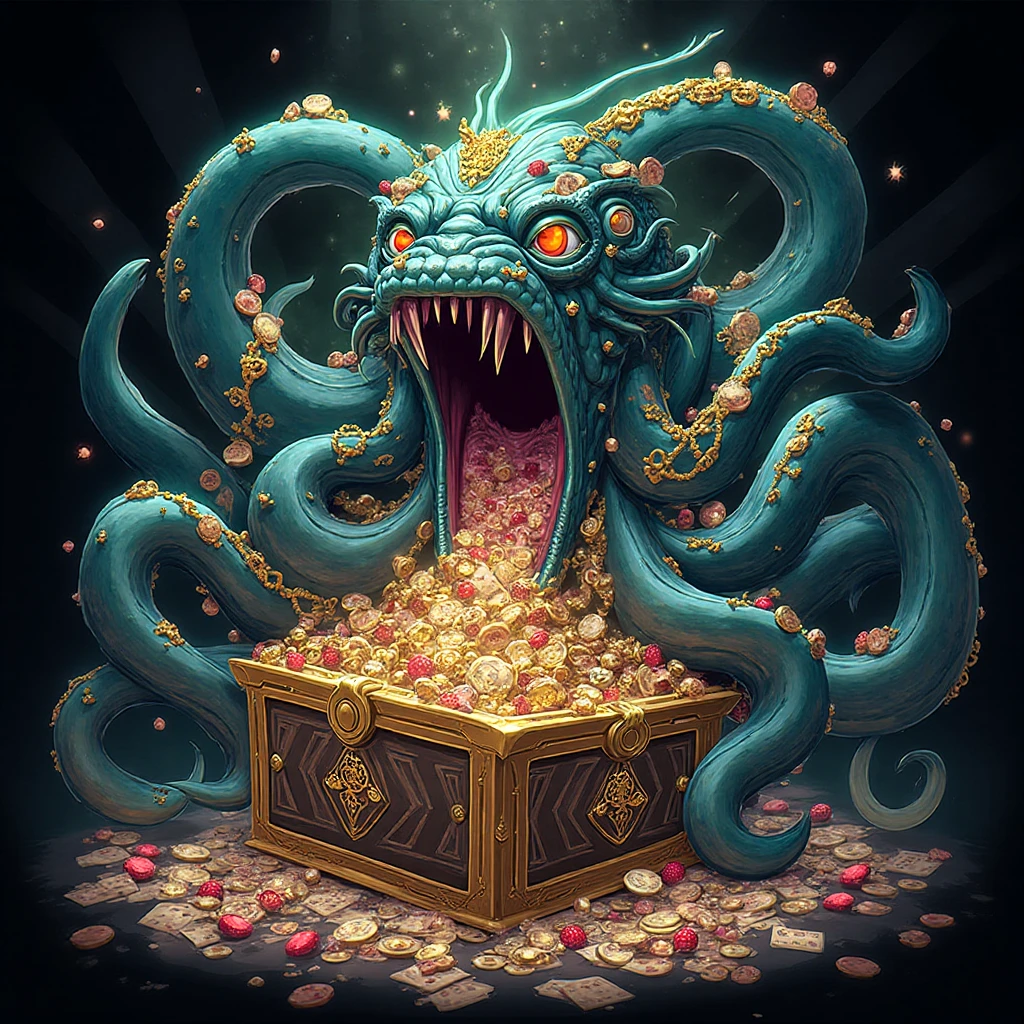 pink and purple tentacles extend from inside a treasure chest filled with gold and silver treasures.