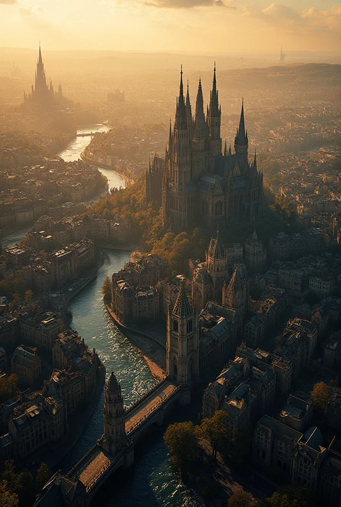 Epic aerial panoramic photograph of a grand medieval metropolis - SeaArt AI