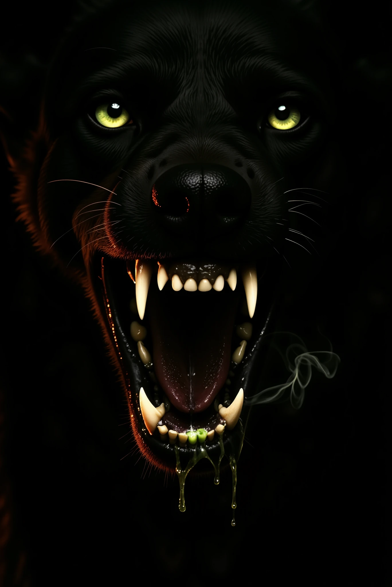 Extreme close-up of the snarling mouth of Cerberus, the mythological three-headed dog. Focus on one head, with jaws wide open, revealing sharp, ivory-colored fangs dripping with viscous, slightly green-tinted acidic saliva. The saliva emits faint green vapor or smoke, swirling around the lower jaw and dissipating into the darkness. The tongue is deep red and textured, and the gums are dark and wet. The lighting is dramatic, with a reddish-orange glow from below highlighting the contours of the muzzle, teeth, and fur. The background is pure black, enhancing the contrast between the glowing saliva and the shadows. The mood is intense, ominous, and cinematic.