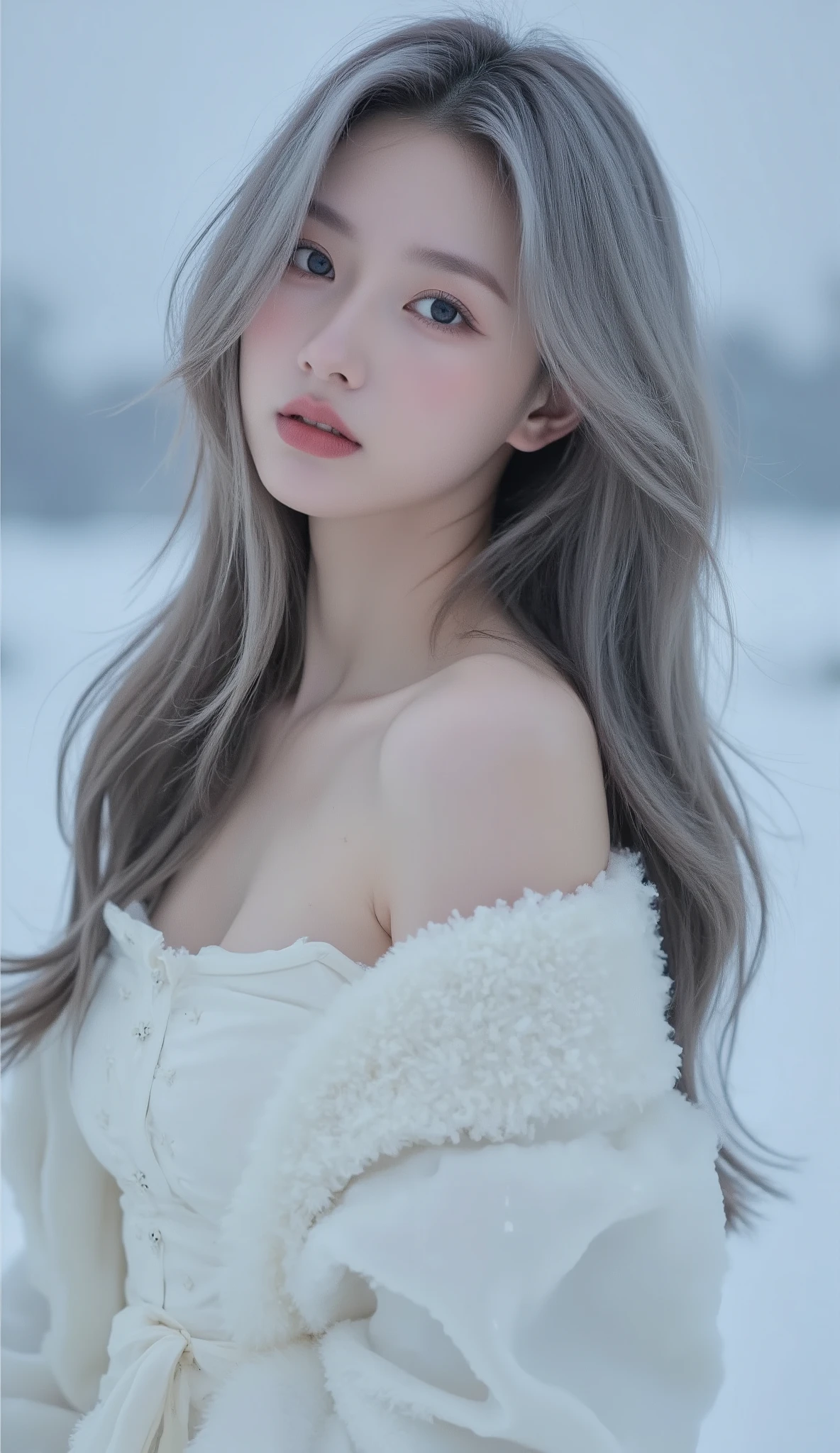 ((Highest Quality, 8k, masterpiece:1.3)), focus: 1.2, Perfect Body Beauty: 1.4, butt: 1.2, ((Layered Cut, chest: 1.2)), (snowの服: 1.1), (snow, snow山:1.3), bandeau dress: 1.1, highly detailed facial and skin textures, fine eyes, double eyelids, Whitening the skin, long hair(gray hair), (shut up: 1.3), smile、Ice Background