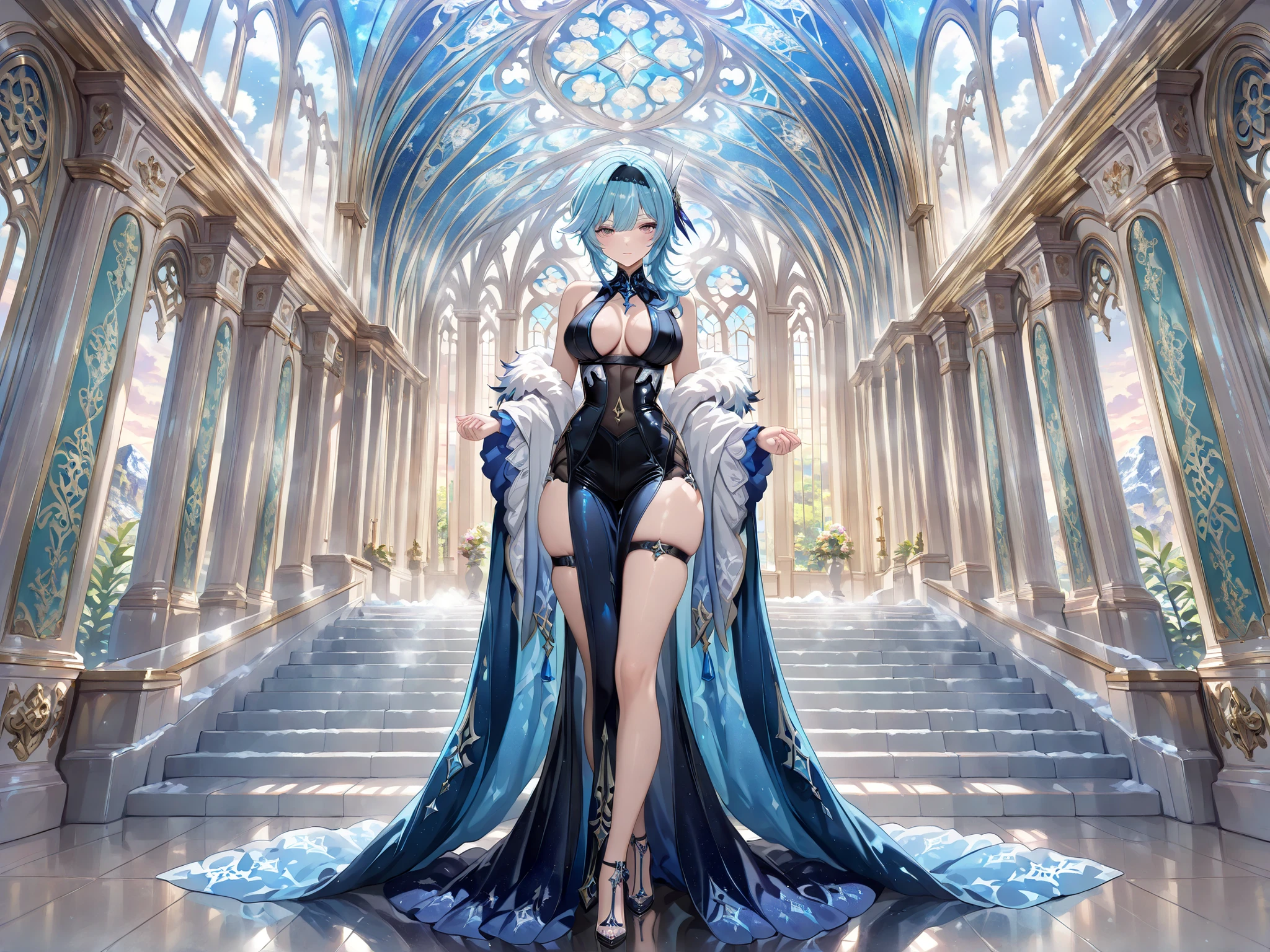 Eula \(genshin impact \) A beautiful woman standing on a set of stairs against a backdrop of pastel clouds. the girl is positioned in the middle of the image, wearing a long, blue dress with a white checkered scarf around her neck. she has blue hair and is standing. her expression is neutral, and she appears to be looking down. the background is a gradient of soft pastel colors, including blue, green, and white, with a few fluffy clouds scattered throughout. the stairs are white and have a simple, minimalist design. the image is framed by a black rectangular frame, which is placed on top of the girl's head. the overall effect is a surreal and dreamlike scene, with the girl standing out against the soft and dreamy clouds. 1girl, solo, unrivaled beauty, snowing, steaming body, Ice queen,Ice World, young seductress, fur trim, light blush, blue hair, hair between eyes, sidelocks, hairband, medium hair, messy hair, black hairband, purple eyes, gradient eyes, douyin eyes, multicolored iris, dark lashes, eyelashes, eyeliner, hair ornament, backless outfit, strappy heels, bare shoulders, revealing clothes, stretching, collarbone, earrings, gold trim, thigh and calf lines, skin tight, thigh strap, skindentation, shiny skin, porcelain skin, whole body, wide hips, large breasts, pointed toes, juicy lips, beautiful body, curvy, inexpressive, Dynamic Poses, beautiful girl, beautiful body, beautiful eyes, beautiful face, beautiful hair, clothing texture, beautiful face, beautiful girl, beautiful body, beautiful hair, detailed eyes, Masterpiece, very aesthetic, perfect composition, intricate, (highly detailed), ((Best quality :1.2)),((Detailed :1.5)),((Detailed background :1.5)). (HD eyes:1.4), ((4k,8k,Ultra HD)),