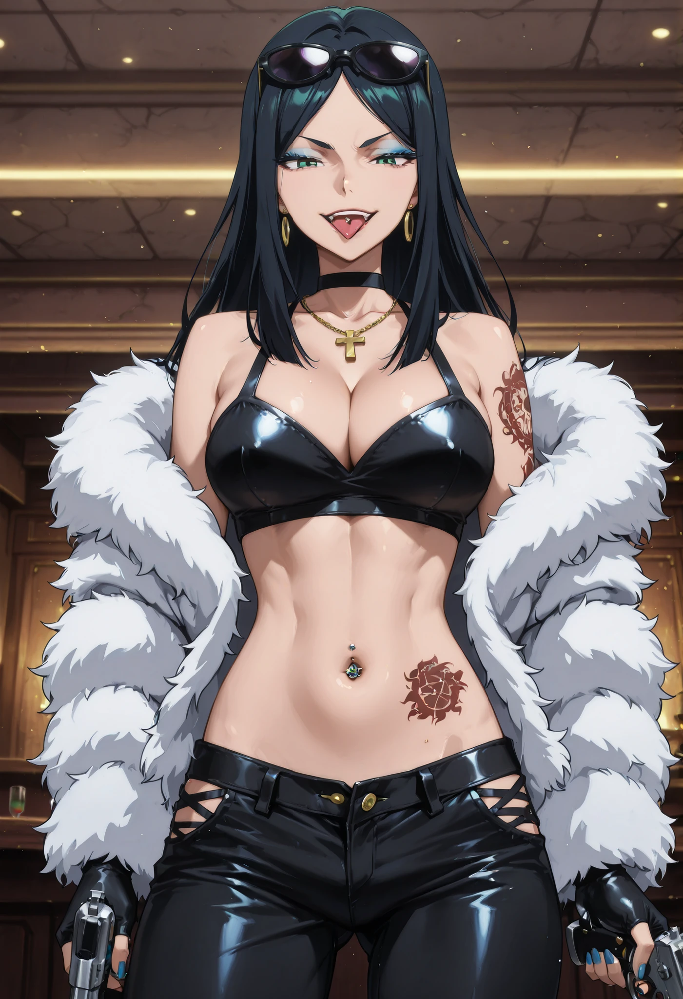 m1n1eb,1girl,solo,black hair,long hair,,blue eyeshadow,dark green eyes,lipstick,
nail polish , , makeup , ear piercing , long hair , lipstick , Hot girl , baddie , smoking , sensual , attractive , choker , cross necklace ,bar background, inside bar ,indoors, , casino, , fur jacket ,  shoulders , white fur , , , leather pants , dark brown , fur , side inserts , belt , weapon holder , weapon , fingerless gloves , leather , forearms , sword , short , strapped , belt , cowboy shot , masterpiece , best quality , highly detailed , a girls with a gun , evil smile , open mouth ,  gaze , badass pose , evil smile , smile , ()  , guns blazing , anime girl with long hair , beautiful long haired girl , navel , evil expression , exposed belly , exposed navel , exposed midriff , exposed lower belly , long black pants , cleavage , unbuttoned leather pants , open fly , low rise black leather pants , leather jacket , holding a gun , holding pistol , unbuttoned shirt , collared shirt , knot , pull_down leather pants , (show off panties , :1 . 2 , no panties) , pull_down long black pants , pull_down black leather pants , zip up leather jacket ,  top , navel piercing , cross-laced slit , tongue piercing , tongue out , open mouth ,  ,, , shoulder holster,, sunglasses on head, medium , dragon tattoo on waist, narrowed eyes, tattoo on waist,, anipai_style , anime screencap , anime coloring,,