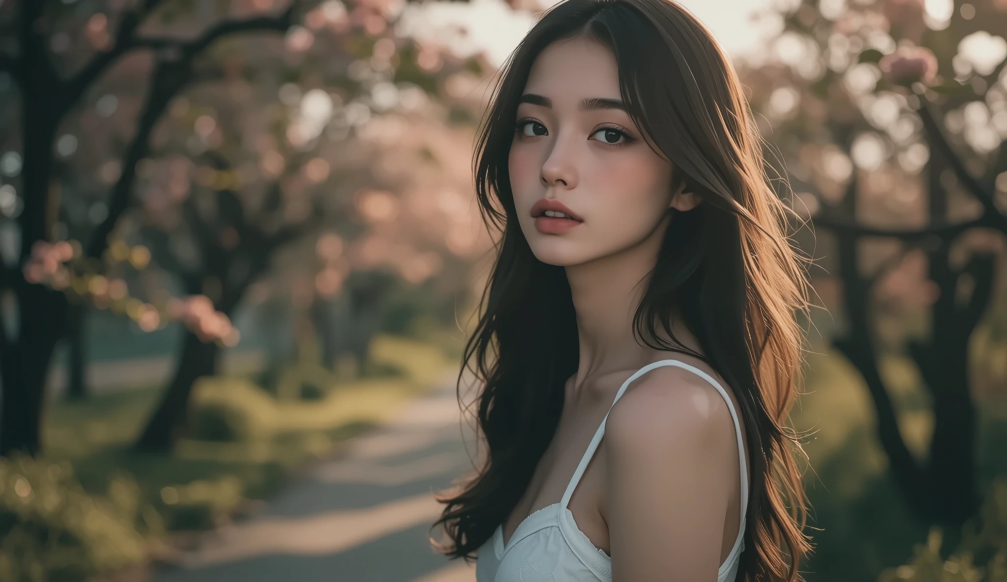 Photo Quality, emotional, in a white camisole, natural hair, Kanekusai's Pruning Path, Scented Scenery of Flowers, soft sunshine, dreamy atmosphere, delicate skin texture, The warmth of autumn, Light Inducing Nostalgia
