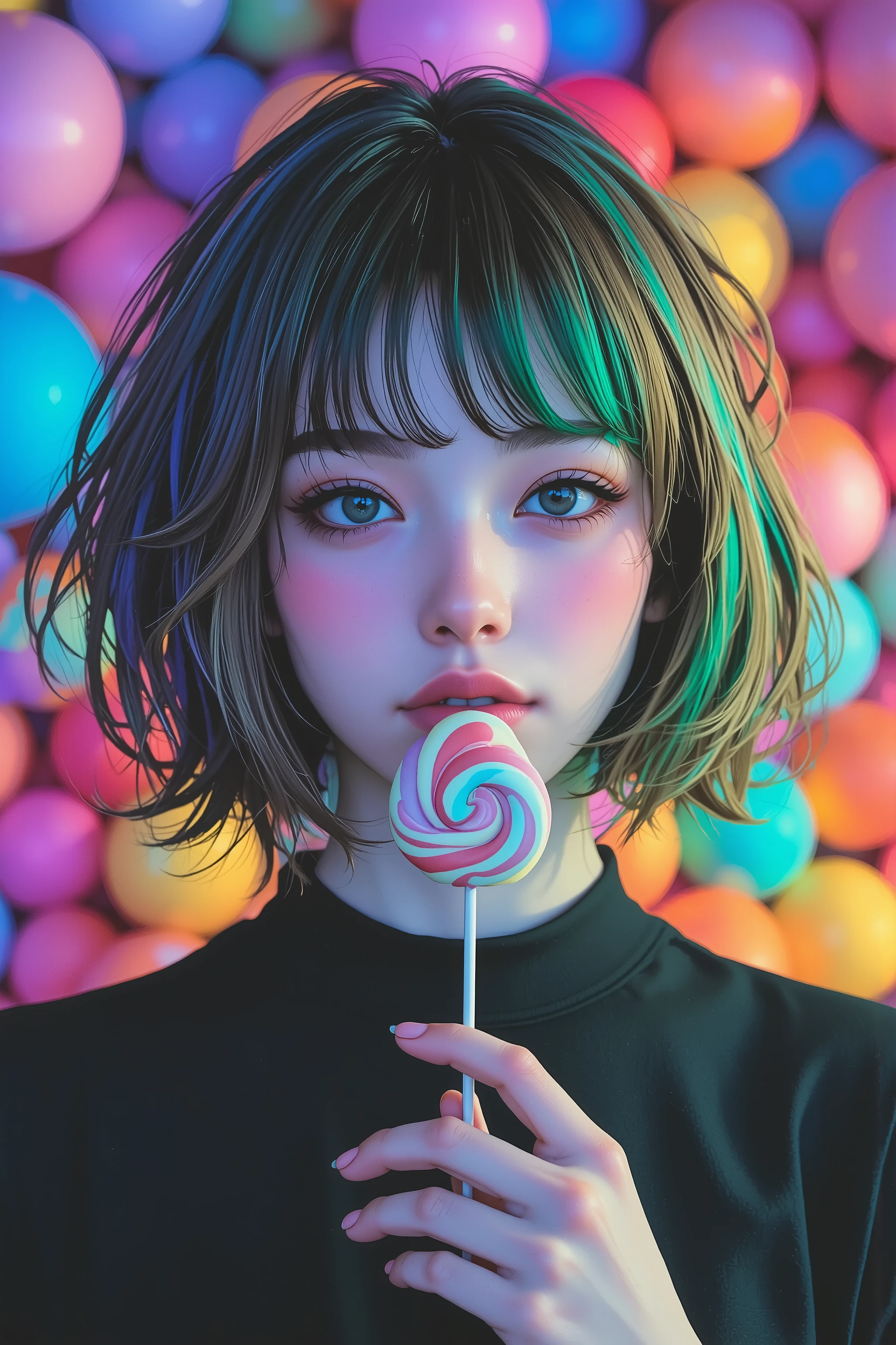 (Masterpiece, Highest Quality:1.2), , solo, anime style, dichroic , With lollipops, pink lips, cyberpunk style makeup, asymmetrical short hair, asymmetrical short hairstyle, long bang on one side, purple and pink background .
