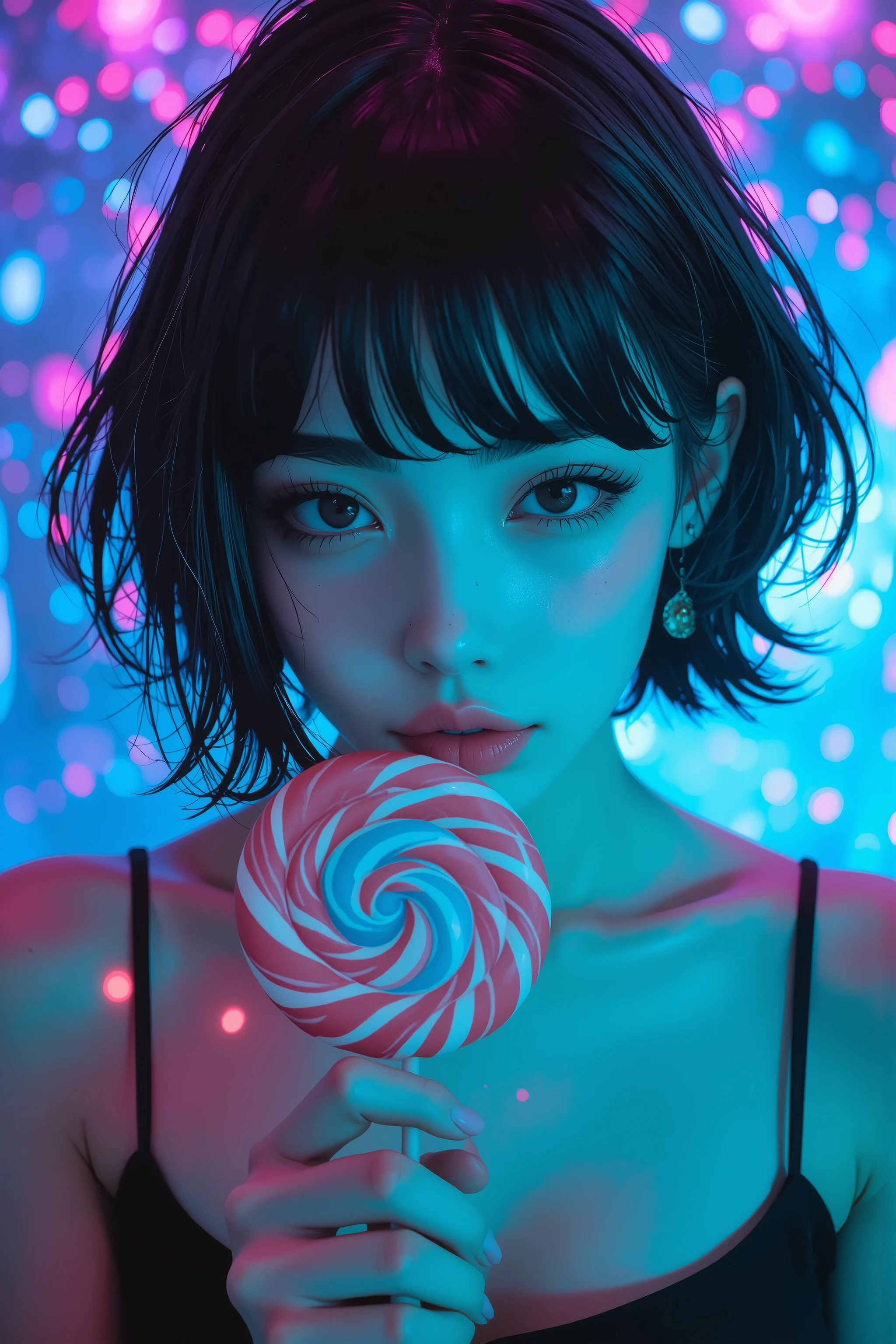 (Masterpiece, Highest Quality:1.2), , solo, anime style, dichroic , With lollipops, pink lips, cyberpunk style makeup, asymmetrical short hair, asymmetrical short hairstyle, long bang on one side, purple and pink background .