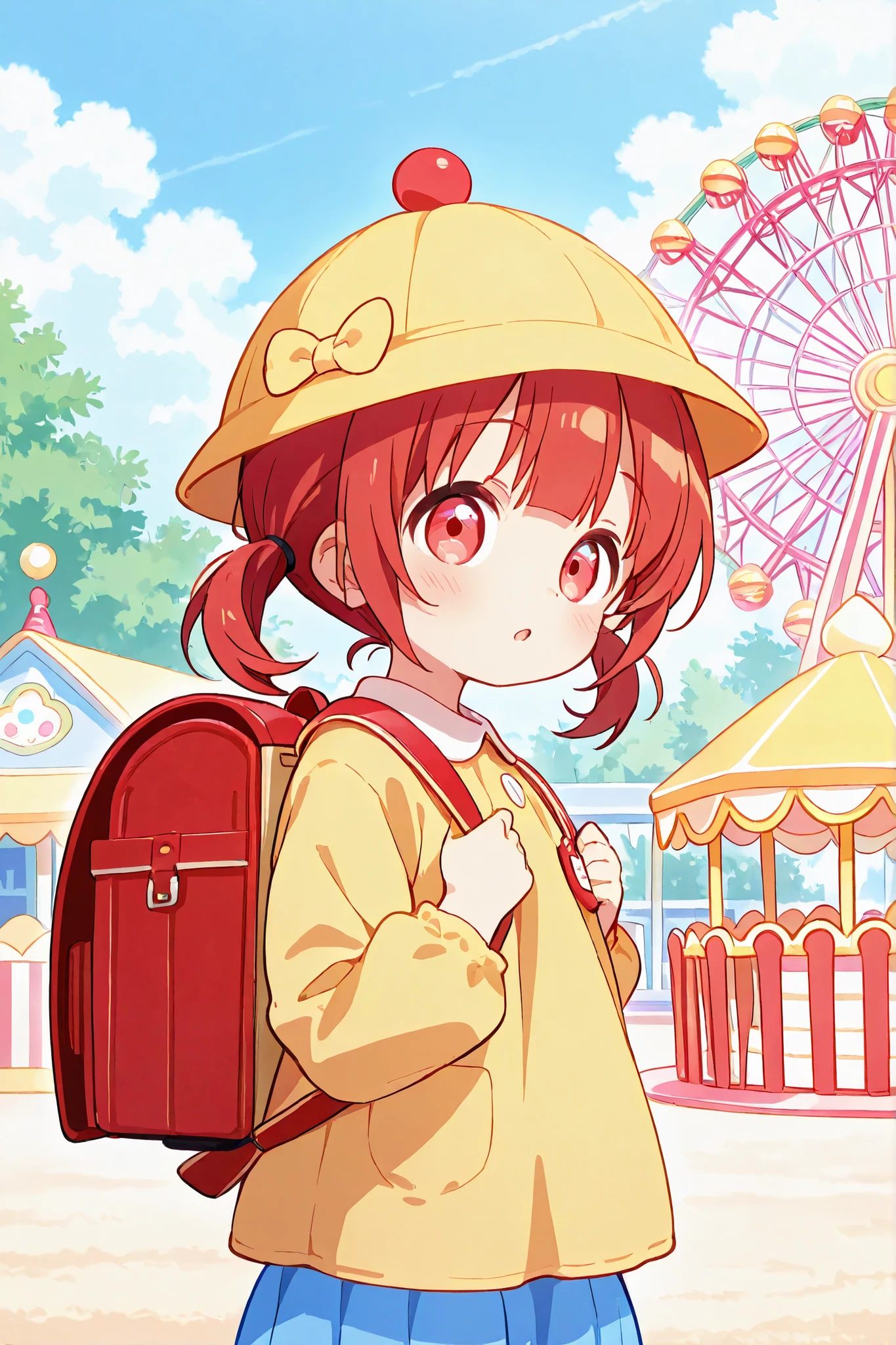 backpack、A yellow hat that kindergarten children wear、The background is an amusement park