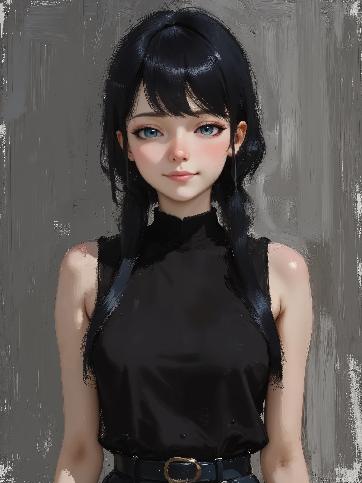 sketch painting, marinette Dopanchan, anime style, A very beautiful and cute 22 year old woman with a slight smile. (((Shy smile))), sharp focus on the face, (((Western eyes:1.5))), (((Extremely detailed ice-blue eyes, beautiful eyes, beautifully detailed eyes))), (((delicately detailed thin pink lips))), (((long hair, shiny hair))), (((black medieval steampunk style sleeveless t-shirt))), (((Dark Blue medieval steampunk style leather warrior pants))), (((full body view, dynamic pose, standing:1 . 5, graceful pose))), (((The background is Dark Gray and painted with expressive, visible textures using dynamic brushstrokes and strokes that add depth and movement. The paint covers only the area just behind the subject. The outer edges of the image with black margins, as if the background had been painted with a brush and with expressive and visible textures using dynamic brushstrokes and strokes fading toward the edges creating a modern and artistic vignette effect))). Cinematic lighting, soft depth of field, (((masterpiece/high resolution/Best Quality/top quality/high quality/UHD/16k quality))), sharp focus, no blur, film grain, bokeh.