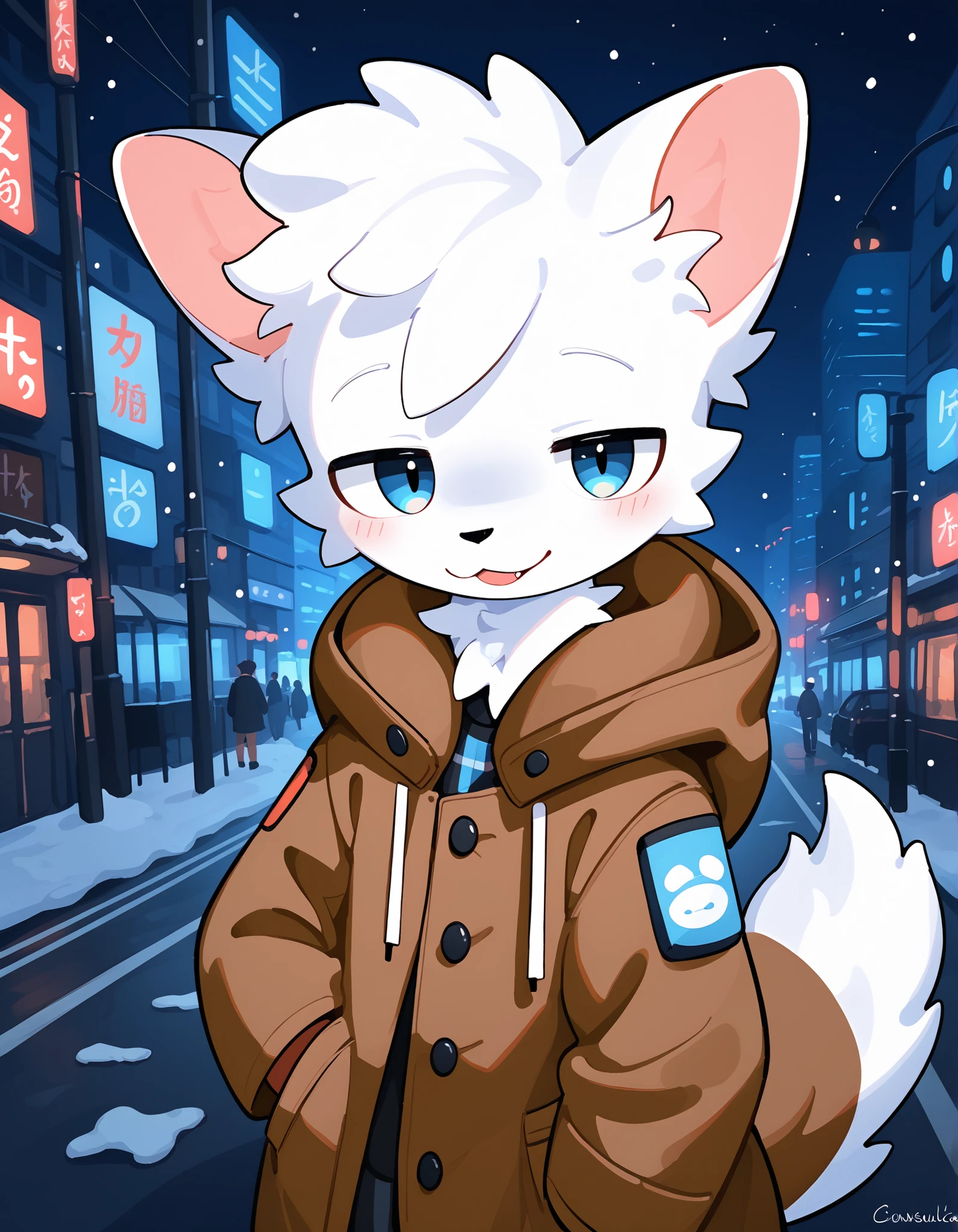 score_9, score_8_up, score_7_, score_6_up, masterpiece, best quality, solo, furry, shota, cute, young boy, BoykisserFur, white fur, seductive look, half closed eyes, bare feet, Winter fashion, brown coat, muffler, snowy night city street background, Upper body only, diagonal view from above