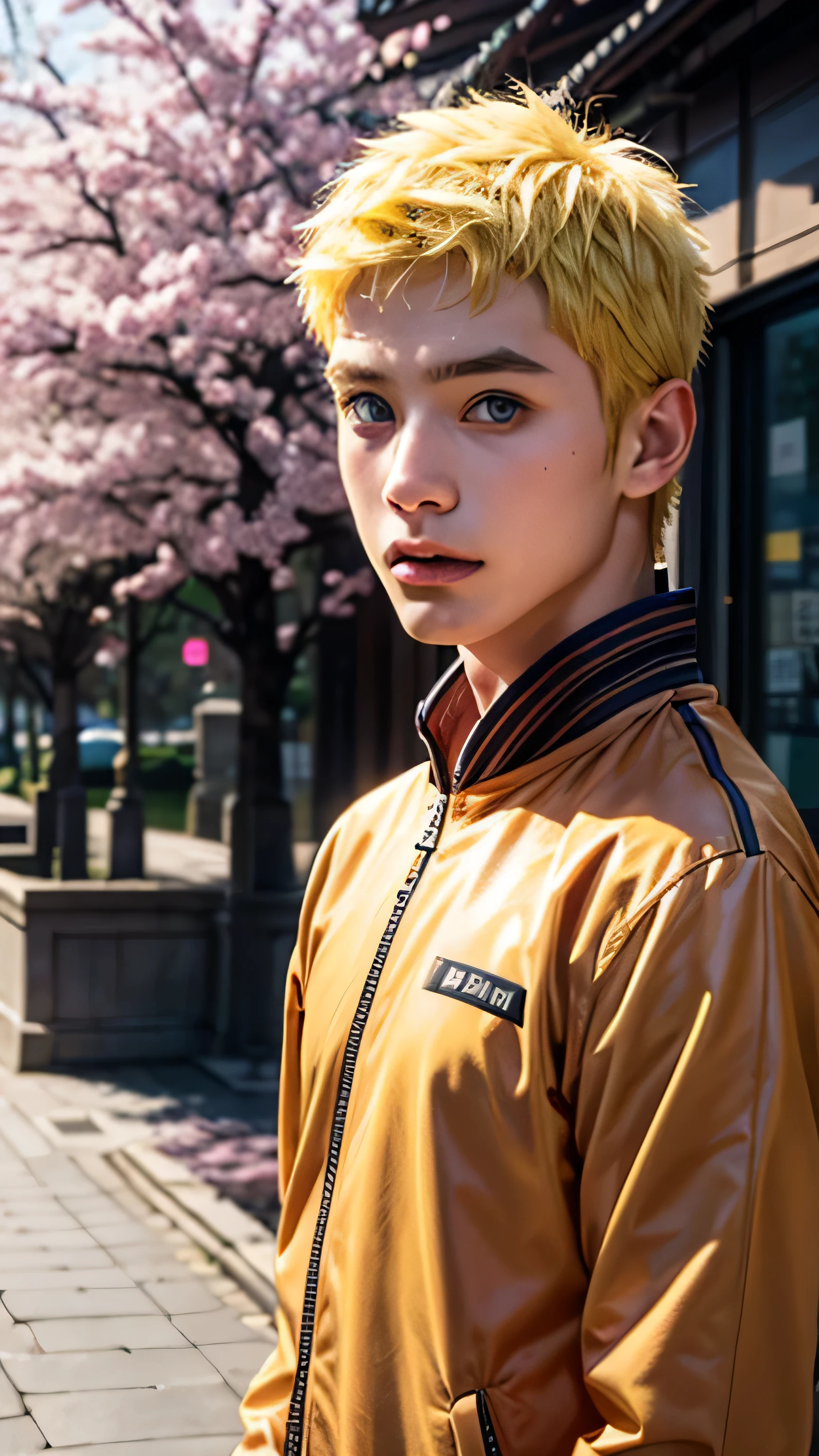 1 boy, Short hair, yellow hair, blue eyes, orange jacket, outdoor, cherry blossom, upper body,,