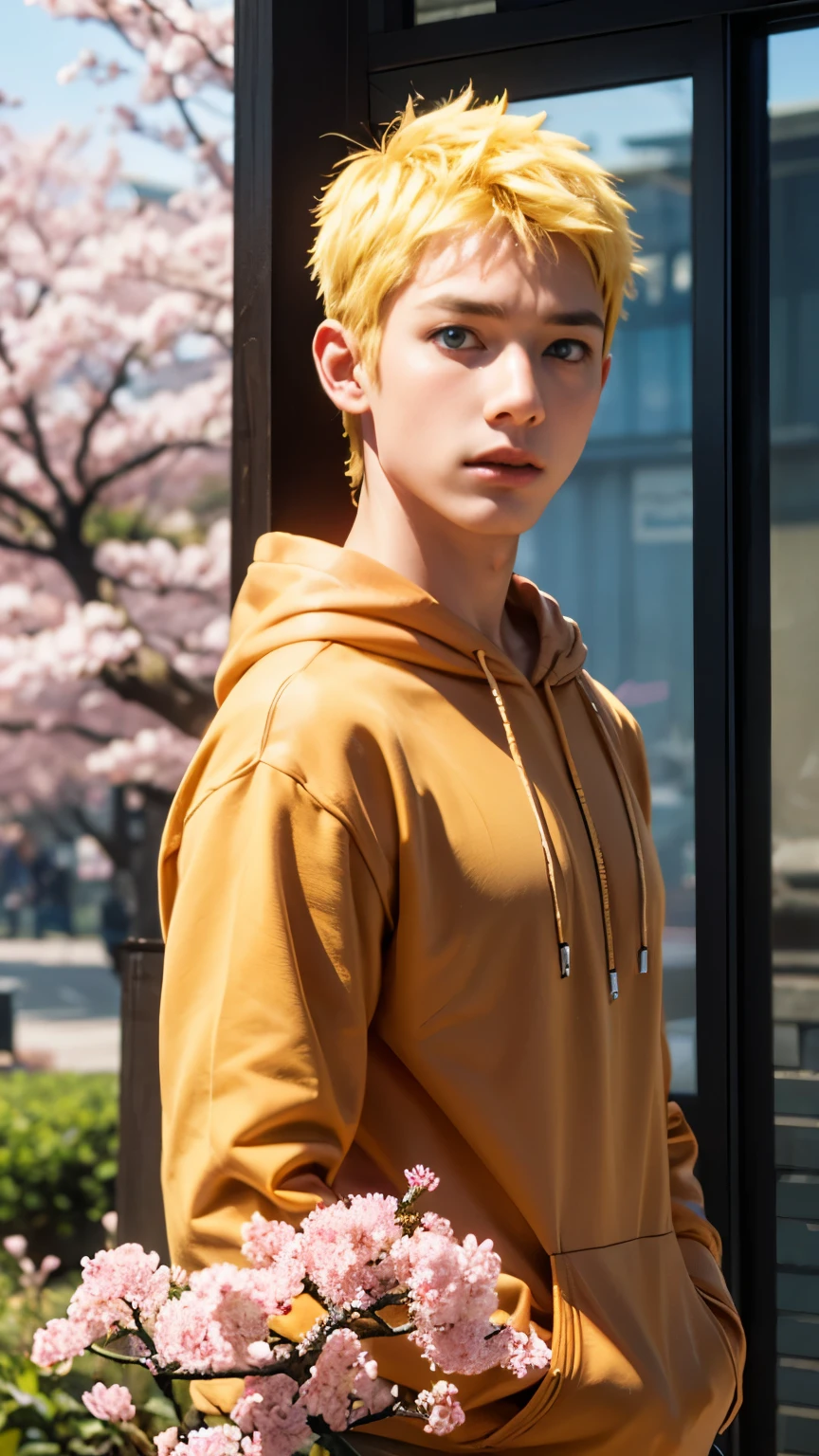 Fokus depan, 1 boy, Short hair, yellow hair, blue eyes, orange hoodie, cherry blossom garden, upper body,,