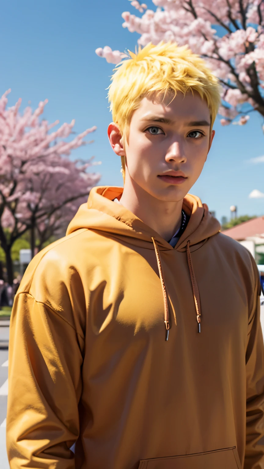 1 boy, Short hair, yellow hair, blue eyes, orange hoodie, cherry blossom garden, upper body,,