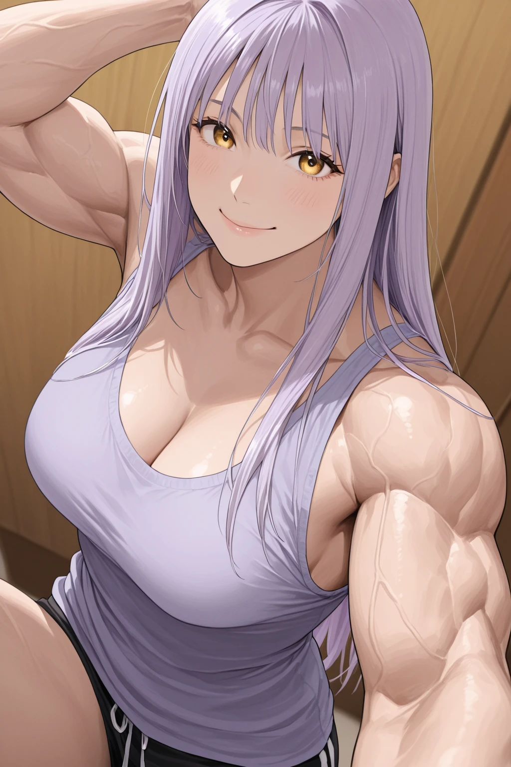 1girl, <lora:Hyper_Muscles_2nd_Edition_Pony:0.8> hyper-mscl, muscular female, hyper muscles,
purple tank top, white pants,
rooftop, smug grin, hands in pockets, 
 <lora:aoba-suzukaze-s2-ponyxl-lora-nochekaiser:1> aoba suzukaze, eyebrows, hair ornament, long hair, purple eyes, purple hair, twintails,, PonyScores7,