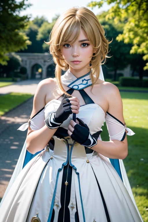 (Luminekos:1.4),1 Girl, Naughty face, best quality, masterpiece, Ultra-high resolution, RAW photos,masterpiece, best quality, (Reality:1.4), (Willow Waist:1.2), Delicate face
, outdoor,Blurred background,
Gloves, skirt, black Gloves, white skirt, fingerless Gloves, Separate sleeves, High Leg Raise,