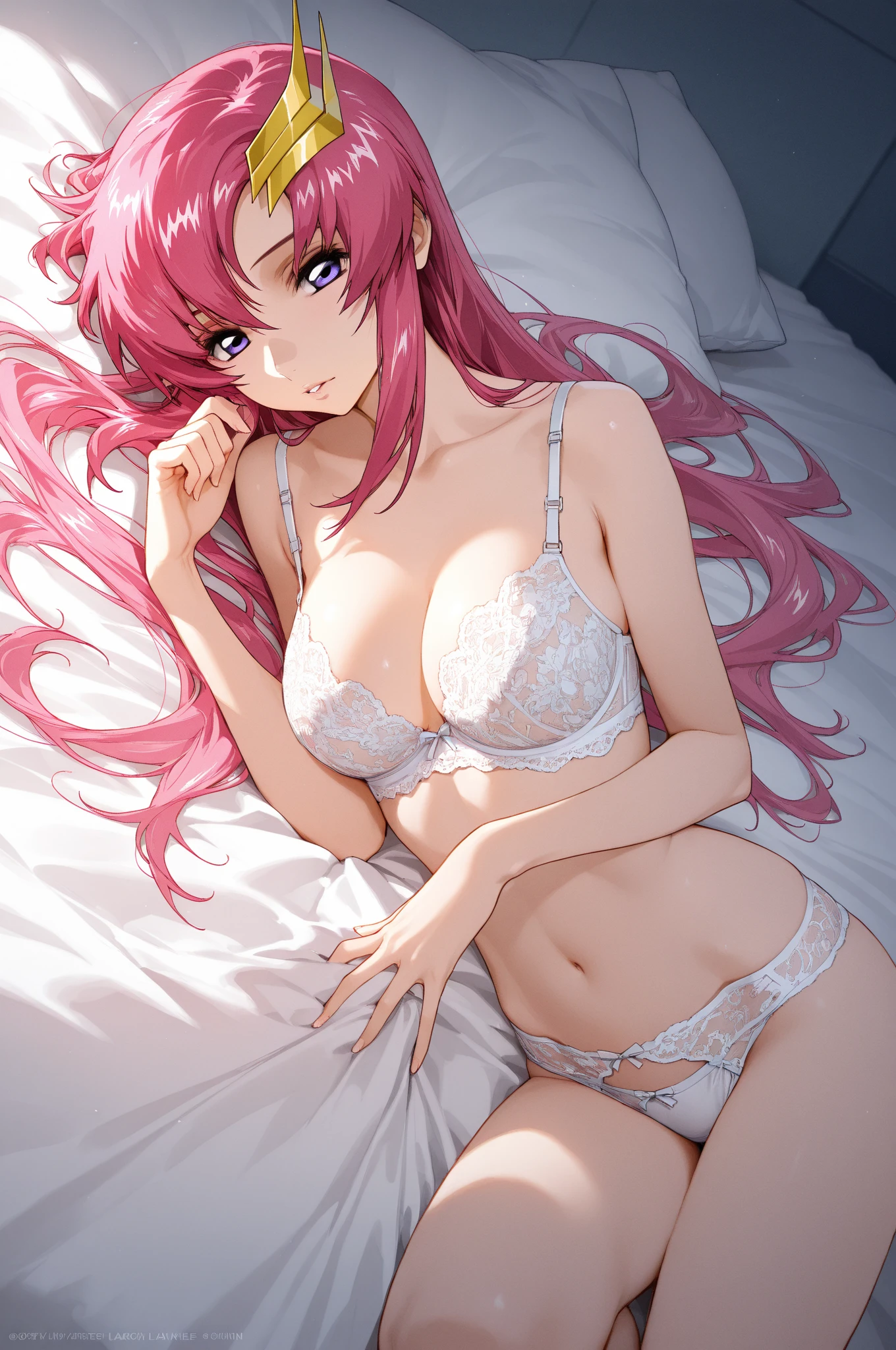 (masterpiece, highest quality), (realistic),(beautiful illustrations),beautiful eyes,accurate eyes,
looking at the viewer, 
((1 girl)), ((pink long hair)), blown hair, bangs, hair between eyes, ??????????? beautiful hair, beautiful face, ((detailed and beautiful eyes)), beautiful clavicle, beautiful body, beautiful ???????, beautiful thighs, beautiful feet, beautiful fingers, high school girl,Nasty ?????????,((lingerie)),(on the bed),crawl ????????????,valley,Shooting from the front,looking at the camera,Close-up photo