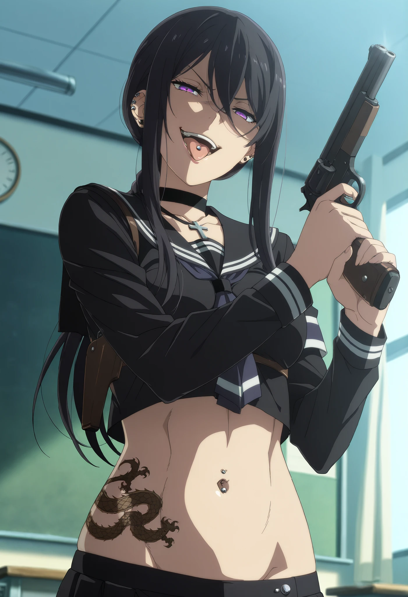 best quality,masterpiece,1girl,krstjgrth,anime coloring,solo,(black hair,purple eyes:0.8),(glaring:0.85) ,(eyelashes:0.9),,sidelocks, ,long hair,,ear piercing, long hair, , lipstick, Hot girl, baddie, , sensual, attractive , cross necklace, choker,jewelry, tongue piercing ,tongue out, open mouth,
masterpiece, best quality, highly detailed, a girls in sailor uniforms with a gun posing for a picture, evil
smile, smile, open mouth,black_serafuku, () , style, high school girls, holding
a gun, hold a gun, micro skirt, exposed belly, exposed navel, exposed midriff, holding pistol,underboob,
exposed lower belly,school, classroom, navel piercing , shoulder holster,, , dragon tattoo on waist, narrowed eyes, tattoo on waist, anipai_style , anime screencap , anime coloring, v-shape eyebrows,,