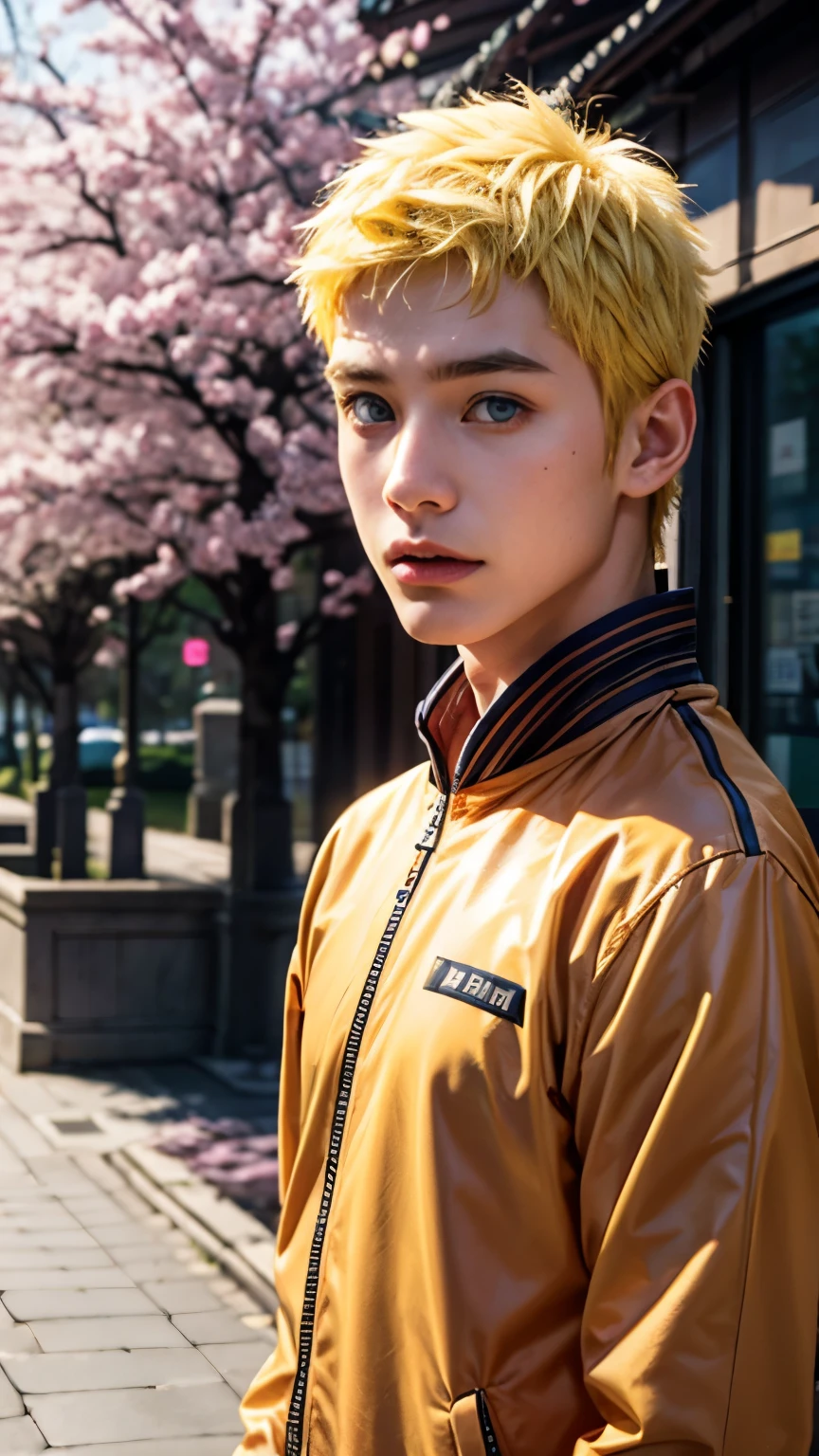 1 boy, Short hair, yellow hair, blue eyes, orange jacket, outdoor, cherry blossom, upper body,,