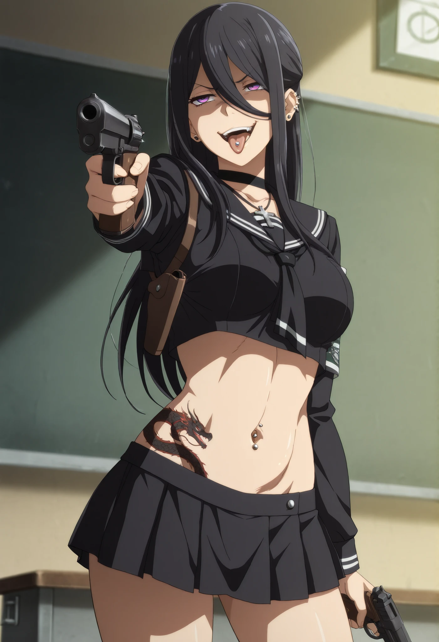 best quality,masterpiece,1girl,krstjgrth,anime coloring,solo,(black hair,purple eyes:0.8),(glaring:0.85) ,(eyelashes:0.9),,sidelocks, ,long hair,,ear piercing, long hair, , lipstick, Hot girl, baddie, , sensual, attractive , cross necklace, choker,jewelry, tongue piercing ,tongue out, open mouth,
masterpiece, best quality, highly detailed, a girls in sailor uniforms with a gun posing for a picture, evil
smile, smile, open mouth,black_serafuku, () , style, high school girls, holding
a gun, hold a gun, micro skirt, exposed belly, exposed navel, exposed midriff, holding pistol,underboob,
exposed lower belly,school, classroom, navel piercing , shoulder holster,, medium , dragon tattoo on waist, narrowed eyes, tattoo on waist, anipai_style , anime screencap , anime coloring, v-shape eyebrows,,