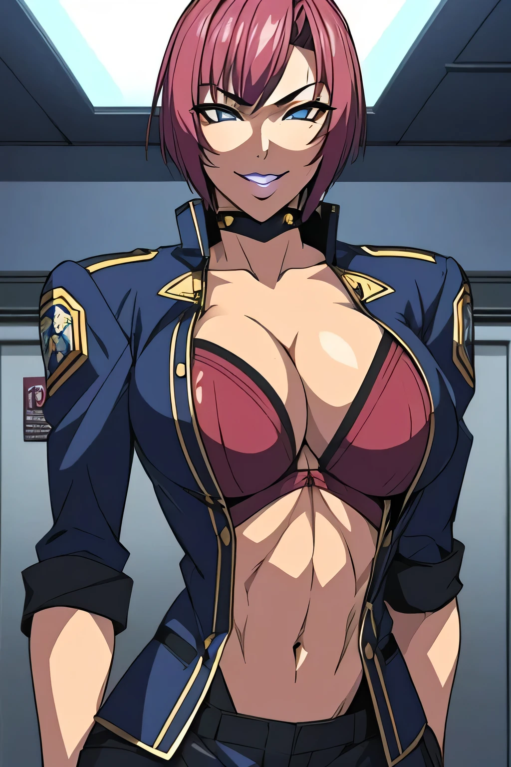 ultra detailed portrait, upper body, Korean female mercenary commander with shocking pink short hair, cool stylish cut, multiple piercings on ears, lips, navel, sharp predatory eyes and mischievous smirk, light purple lipstick, athletic and (((scarred))) body with prominent abs and chest scars, wearing sexy ((deep Blue military jacket)) open at chest showing vivid red lingerie, navy military trousers with one leg as shorts, photorealistic, cinematic lighting, masterpiece, 8k, high quality, depth of field, atmosphere of reckless pleasure and danger