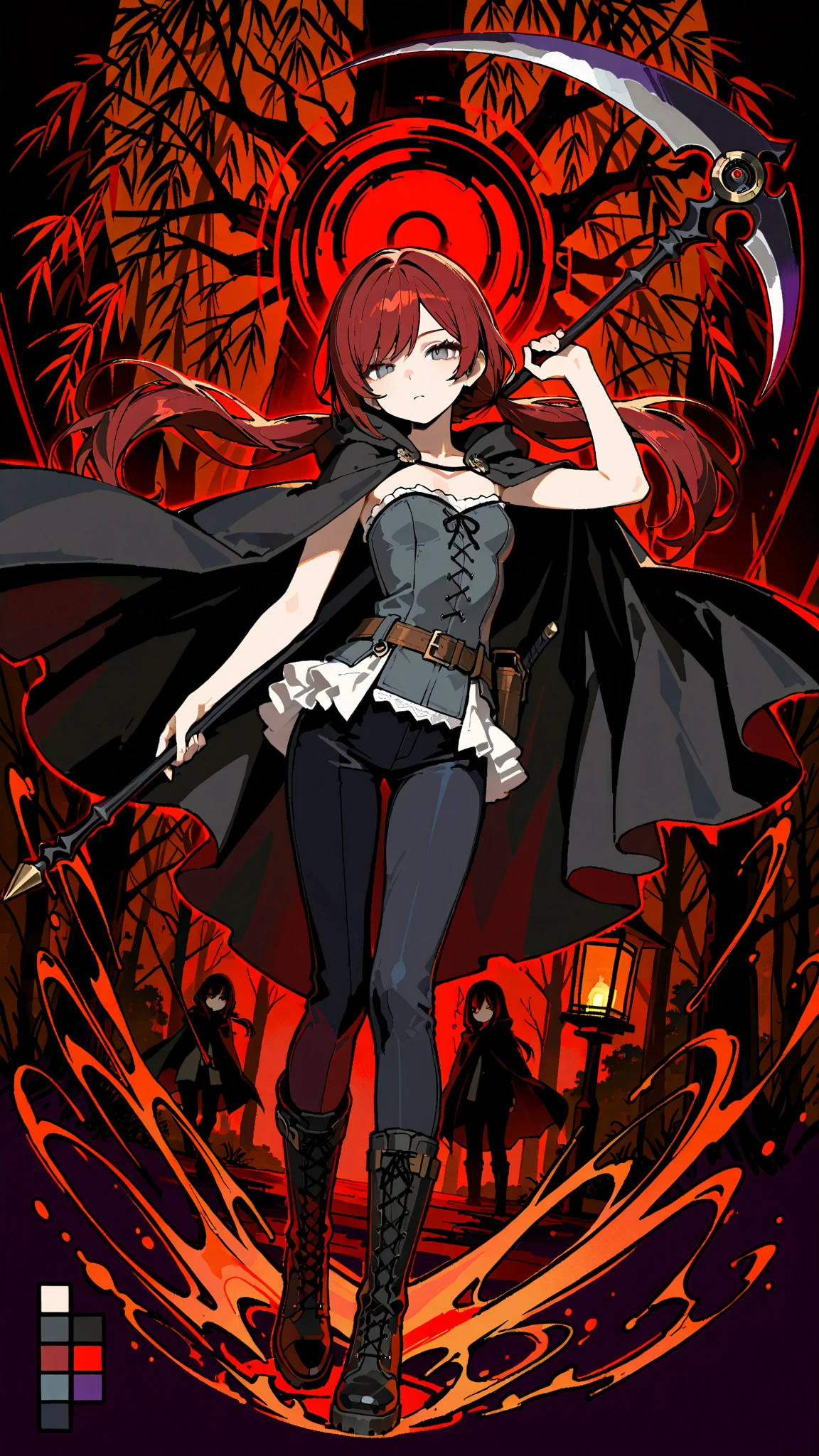 (masterpiece:1.2, Best Quality), (finely detailed beautiful eye: 1.2), (beautiful detailed face, good_hands),  expressionless, different poses, lifeless eyes, tired, upper body, portrait, action pose, holding scythe, black scythe, scythe with dark purple edge, dynamic angle, dark red hair,swept bangs, low twin tails, gray eyes, strapless gray shirt, white frill trim, black trousers, black combat boots, tattered black cloak, willow tree branches, dark background, lantern, small , thin, (color guide:1.2), (multiple views), (full body), dynamic pose,dramatic composition with ink splatter effects, manga style with explosive effect,dramatic lighting, dark purple splash effect,