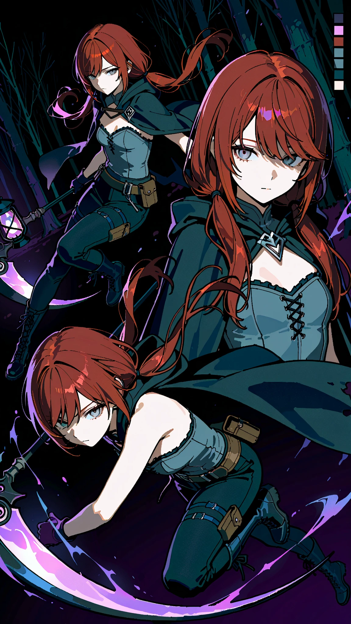 (masterpiece:1.2, Best Quality), (finely detailed beautiful eye: 1.2), (beautiful detailed face, good_hands),  expressionless, different poses, lifeless eyes, tired, upper body, portrait, action pose, holding scythe, black scythe, scythe with dark purple edge, dynamic angle, dark red hair,swept bangs, low twin tails, gray eyes, strapless gray shirt, white frill trim, black trousers, black combat boots, tattered black cloak, willow tree branches, dark background, lantern, small , thin, (color guide:1.2), (multiple views), (full body), dynamic pose,dramatic composition with ink splatter effects, manga style with explosive effect,dramatic lighting, dark purple splash effect,