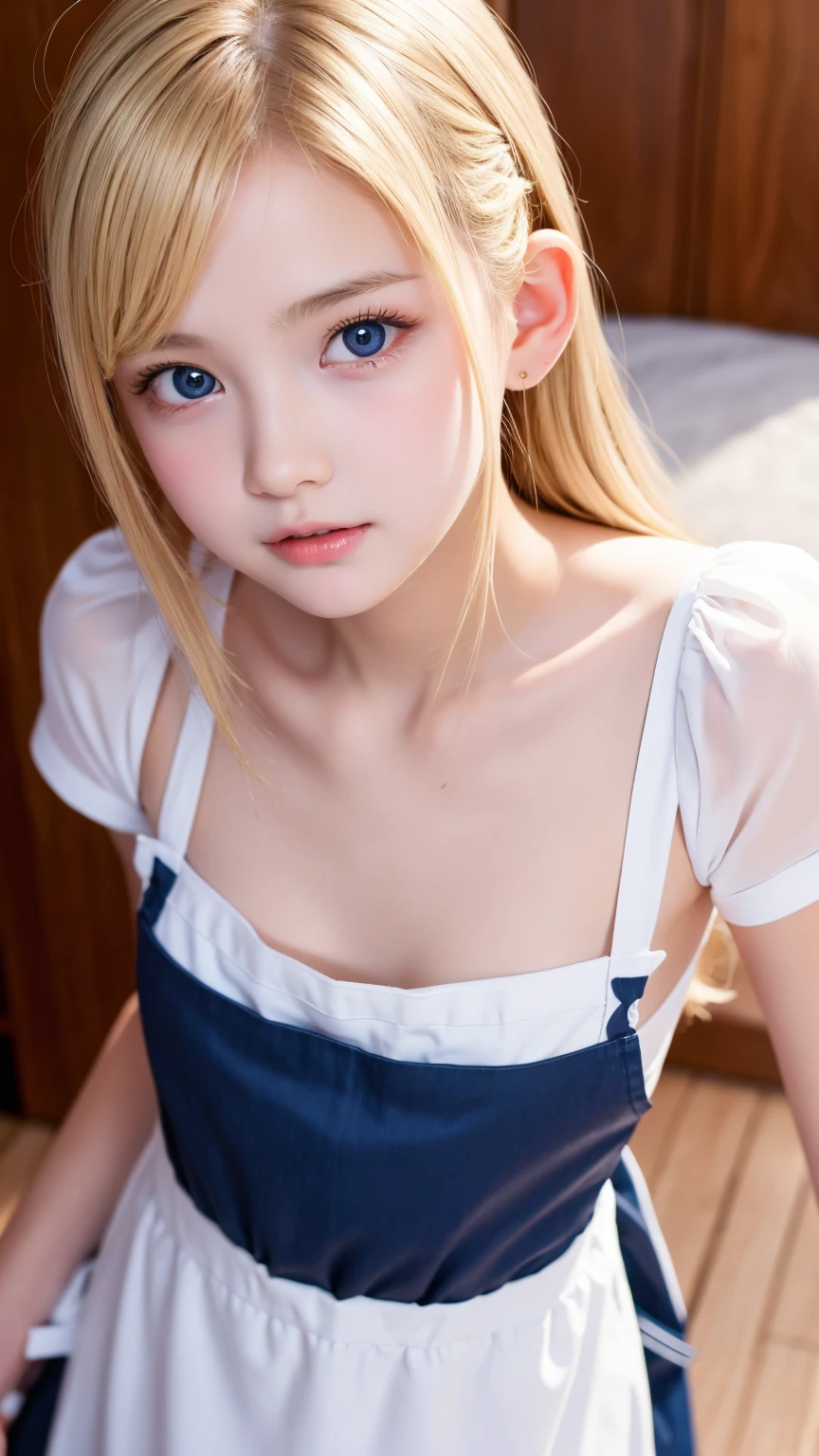 portlate、((School Uniforms:1.5))、bright expression、poneyTail、Young shiny shiny white shiny skin、Best Looks、Blonde reflected light、Platinum blonde hair with dazzling highlights、shiny light hair,、Super long silky straight hair、Beautiful bangs that shine、Glowing crystal clear attractive big blue eyes、Very beautiful nice cute 16 year old girl、Lush bust,Beautiful detailed eyes, beautiful detailed nose,(( Full body:1.5)),natural make up、((Marie Rose))+,(Makeup that the eyes emphasize)、((Pleated skirt with many folds)),(((Raise your skirt to show your :1.2))),(((Sheer blouse:1.5))),(( can be seen through a light blouse:1.5)),(pretty pose:1.3)