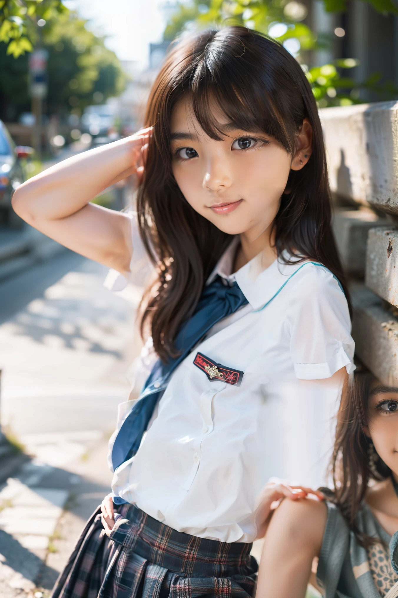 ((best quality:1.4)), (masterpiece:1.4), (Realistic:1.4), Lens 135mm f1.8, ((ultra-detailed)), (8k:1.2), photograph, ((beautiful 10-yo girl)), detailed beautiful face, (moist lips), Slender eyes, double-edged eyelid, looking at viewer, smile, blush, Beaming, school summer uniform, arm up, skinny body, long length layered haircut, hair ornament, (Dappled sunlight:1.2), slender waist, head to thighs,