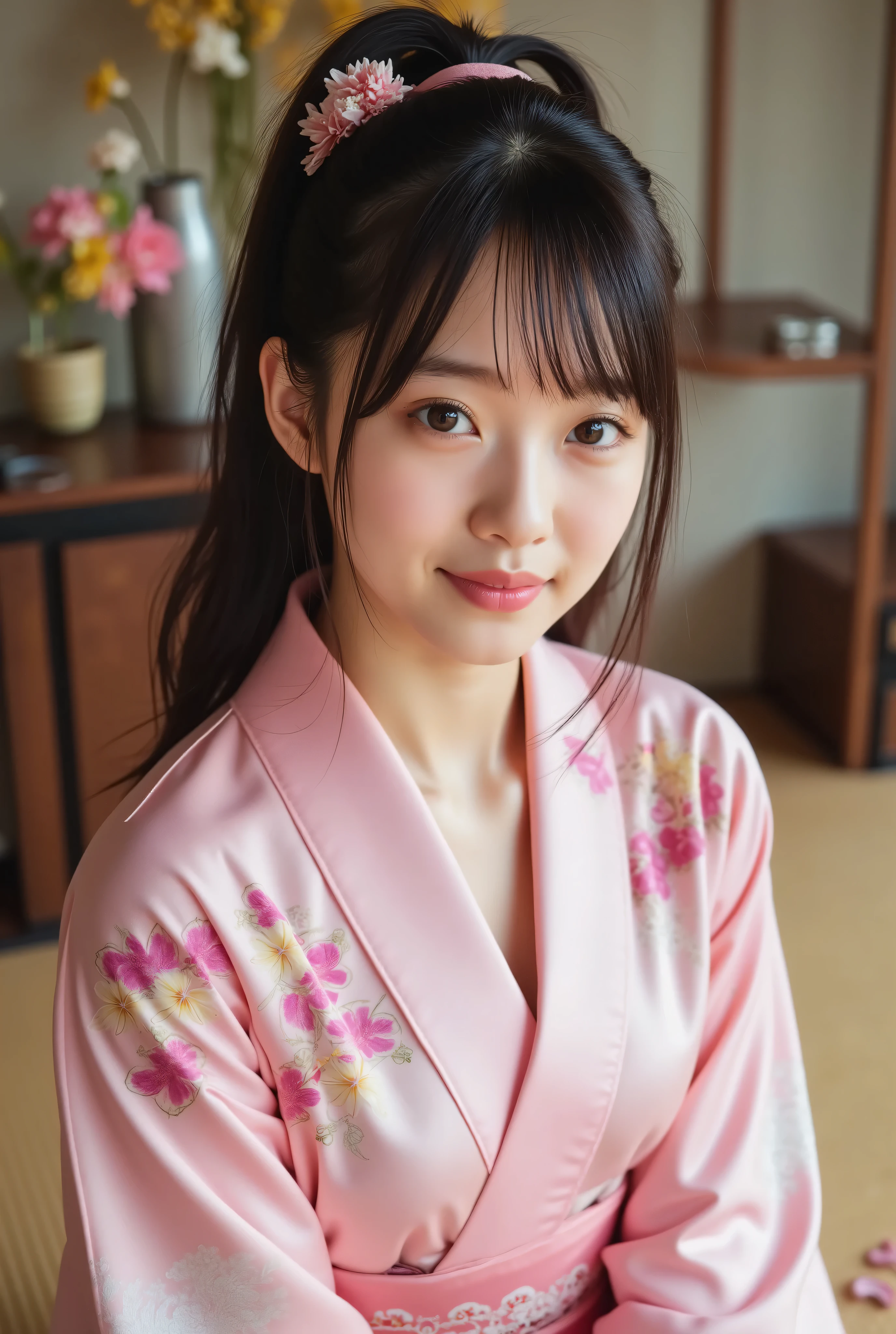 (Canon), (EOS R5), (50mm), (((photorealistic:1.5))), ( No Lens Flare :1.5), ((超high resolution)), (masterpiece), accurate, (visibleな質感の肌), Super Detailed, Highly detailed, High Quality , winning work, 最High Quality, 32K, depth of field,  digital camera, Award-Winning Photos , (Professional bright lighting), ((Appropriate white balance for the skin)), ((最High Quality:1.5)), ((masterpiece:1.5)), ((visible)), high resolution, (とても美しくて可愛い1 personの日本人女性), ((Upper body shot seen obliquely from the front :1.5)), (( upper body shot from head to knee  :1.5)), ((( upper body shot with a beautiful and cute floral pattern with an orchid-like design :1.8))), ((half naked Japanese woman in a Japanese kimono)), ((Shot in an old Japanese-style house in Japan )), ((sitting on a beautiful tatami mat in a luxurious Japanese-style room:1.5)), ((( showing cleavage between the lattice-shaped shoji and floor :1.8))), ((( wearing only Japanese kimonos , underwear,  no shoulder straps , semi-nude:1.8))), ((( no shoulder straps :1.5))), (((underwear:1.5))), (((The front of the kimono is wide open to show the cleavage between the shoulders and bust:1.8))), (1 person), ((Beautiful and cute,  18 year old Japanese)), ((very cute high school girl who feels young)), ( beautiful black hair ponytail), Very beautiful and sexy, Charming Beauty, Seductive Poses, height 160cm, slim figure visible to the navel, Beautifully shaped bust , D cup, (((A very cute, cheerful smile:1.8))), (solos:1.5), (brown eyes:1.9), (Highly realistic detailed depiction of skin), (Highly detailed, realistic eyes:1.9), (Very beautiful long, realistic eyelashes), (Highly detailed, realistic eyebrows), (丸いbrown eyes :1.8), (Beautiful catchlights in the eyes), (Realistic lips with moisture ), (White realistic teeth lined up nicely), ( Beautiful and Detailed Face :1.6), (Hourglass Figure:1.6), (Wasp waist :1.5), (Perfectly round and beautifully shaped breasts:1.8), ( clearly contoured cheekbones  :1.5), (Perfect Styled Body :1.8), (Healthy body :1.8), (Narrow shoulders:1.9), (is staring at the viewer), (captivating gaze), (Beautiful, natural-looking hands), (beautiful pink nails with beautiful length), (( show your hands as little as possible )), (very cute smile:1.1), (Waist, demon's red eyes:1.4), Intricate and detailed,  colorful depiction , ((pink Japanese kimono with a beautiful and cute floral design that looks like an orchid:1.5)), ((The kimono is wide and the shoulders and chest are quite exposed:1.3)), (((Off Shoulder:1.8))), (( Beautiful pink Japanese kimono with a beautiful floral pattern )), ((Kimono with a flower pattern on pink fabric )), ((I can't show my feet)), flower hairpin, (I can see ikebana on Japanese-style furniture behind),  extremely sexy sensual body , sexy girl, like々Sensual Elegance, sexy body, Sexy look,  sitting on tatami mats in a luxurious Japanese-style room , Shot taken from an oblique front , (Beautiful pink, yellow, and white petals are scattered on the tatami mat), (Japanese-style temari rolling ), Japanese style hairpin, Japanese Style Hair Ornament, A gentle-looking face, thin waist, (A beautiful, well-shaped cleavage of the bust can be seen quite a bit), blur background, Illuminate Your Face, Dynamic Pose,Beautiful Body Lines, Beautiful, realistic skin , Art Photography, beautiful soft writing, (Color temperature 4500K)