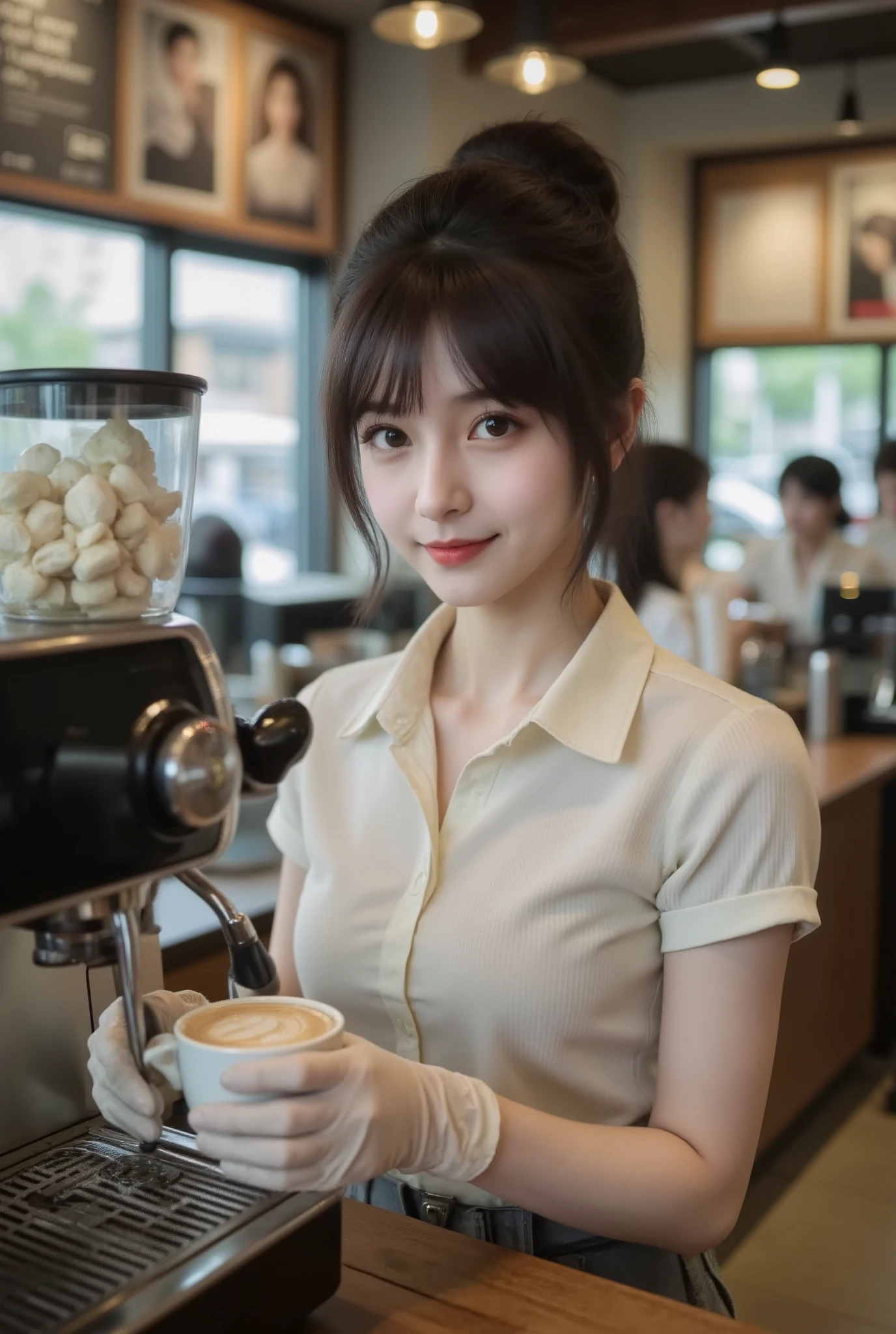 best quality,extreme detail,masterpiece after sex,realistic style,close-up,front,a girl,black bun,pale skin,Exquisite makeup,Bright eyes, red lips,Smile,white collar short-sleeved tight shirt,around the coffee machine, with gloves ,Next to the coffee machine,A cup of hot coffee,At the bar ,At the Starbucks coffee shop,bright light,Modern decoration style