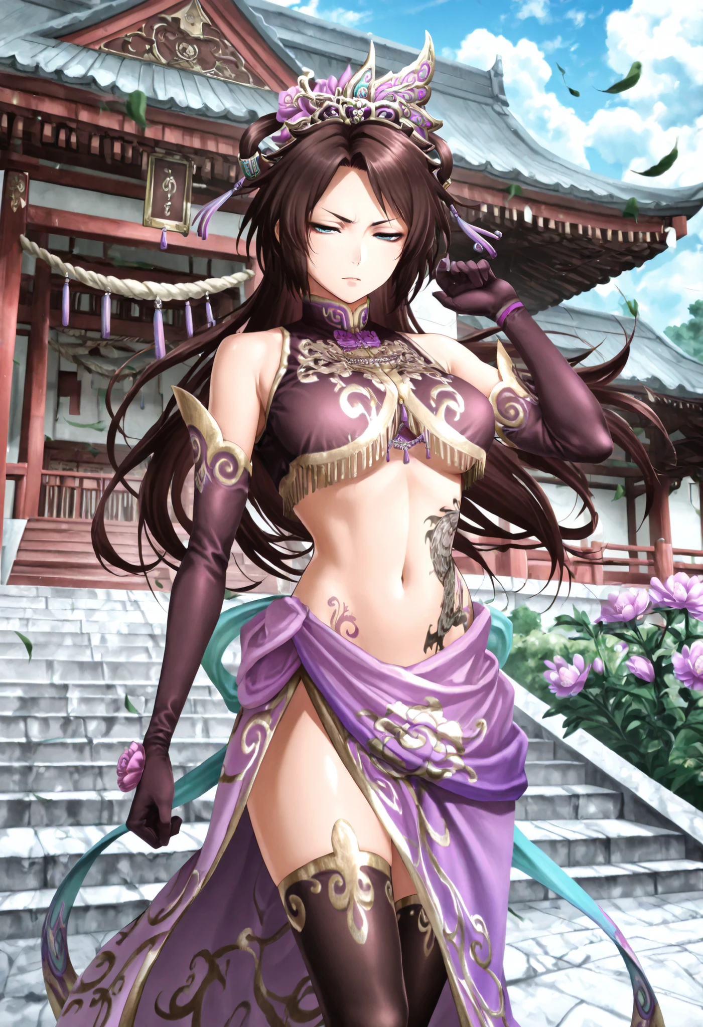Masterpiece,top quality,amazing quality,
Diaochan,
1girl,alone,Brown Hair,long hair,Half updo,bangs,Blue Eyes,Purple Headdress, Purple Tassel ,Purple Crop Top,Split Purple Sleeves,purple gloves ,Purple Sheer Wrap Skirt,Black Legwear,Embroidered Shoes,
headdress, Dress, flower, 벛flower나무, wind, prairie, japanese architecture, temple,
medium , dragon tattoo on waist, narrowed eyes, tattoo on waist, anipai_style , anime screencap , anime coloring, v-shape eyebrows,,