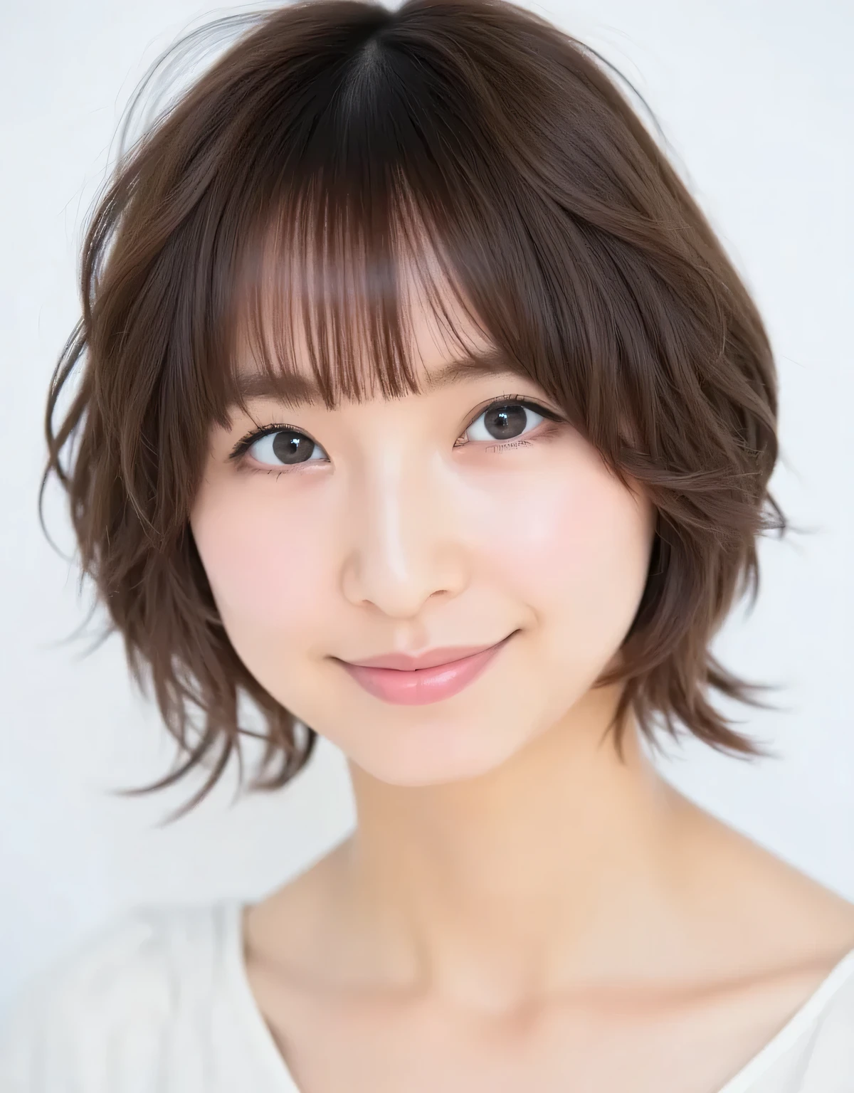 Raw photo, reality, ((Looking up with a shy smile: 1.7)), ((Focus on face)), ((Close-up)), Front view, Japanese woman, ((Short dark brown bob, light wavy hair)), ((Off-the-shoulder outfit: 2.0)), Unedited, Live-action, Authentic, Cute young girl, Beautifully reflected eyes, Beautifully detailed lips, Very delicate eyes and face, Long eyelashes, Simple white background, Natural light, ((Viewed from above: 1.5)),