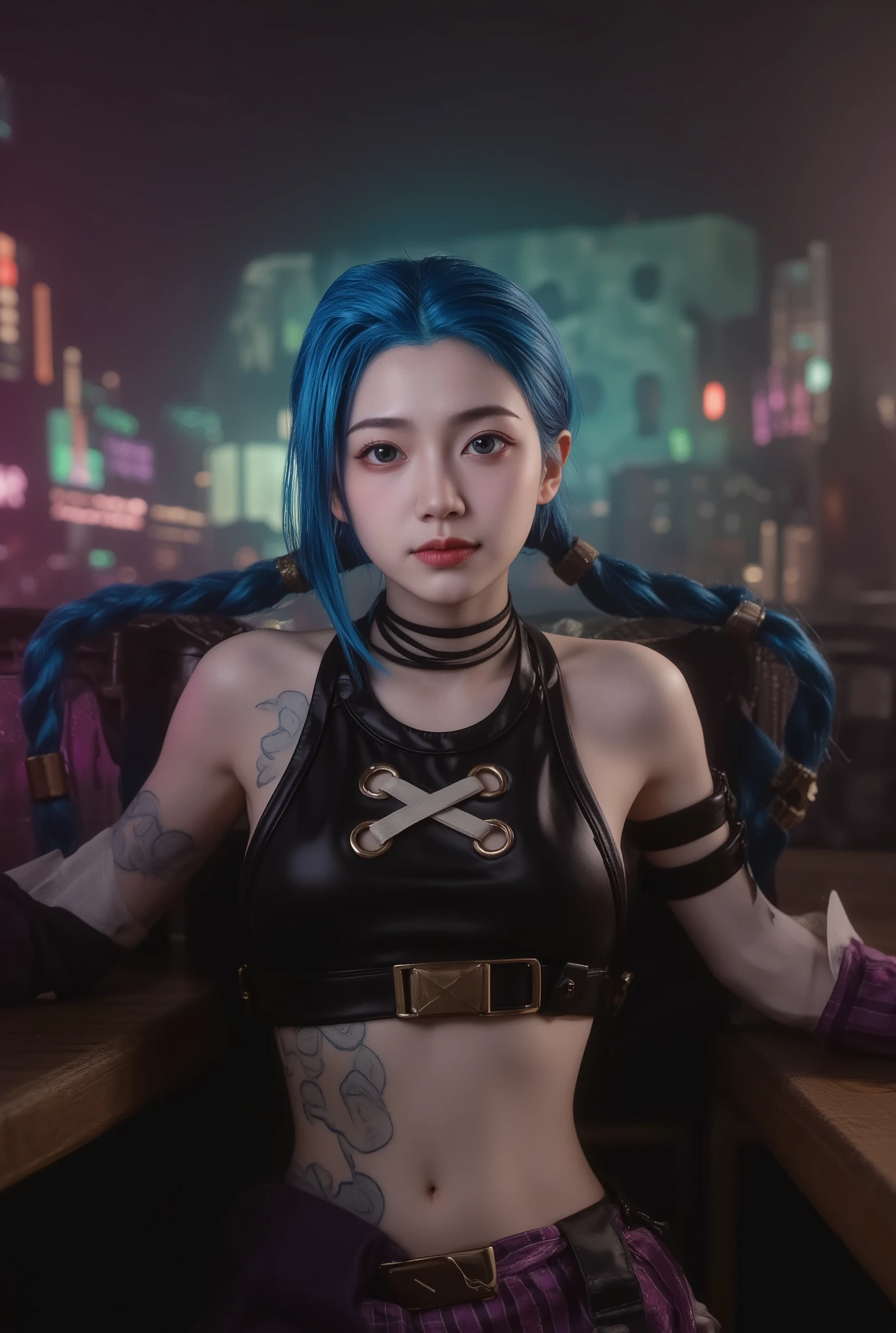 inxA,League of Legends Jinx, Smile Yan, Collapsed bar, large mug , resting both feet on the table, extra fine detail, professional, Photographer, Overwhelming sense of reality, 4K, 8K, HDR, UHD, studio lighting, Extreme Details, vivid colors, bokeh, fantasy, Destroyed environment, dynamic composition, Lighting Processing, painterly style, Digital Art