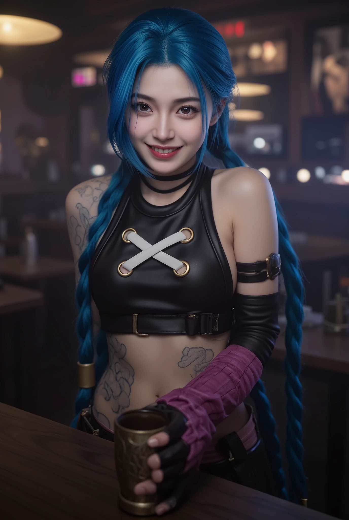 Hand,Detailed hand,Perfect hand,JinxA, Charming Jinx , smiling expression, Inside a collapsed bar: , , League of Legends character holding a large mug, Precise 4K Rendering, Realistic, extreme detail depiction, professional, vivid colors, bokeh, dark atmosphere, Destroyed environment, Lighting Effects, anime style, digital illustration