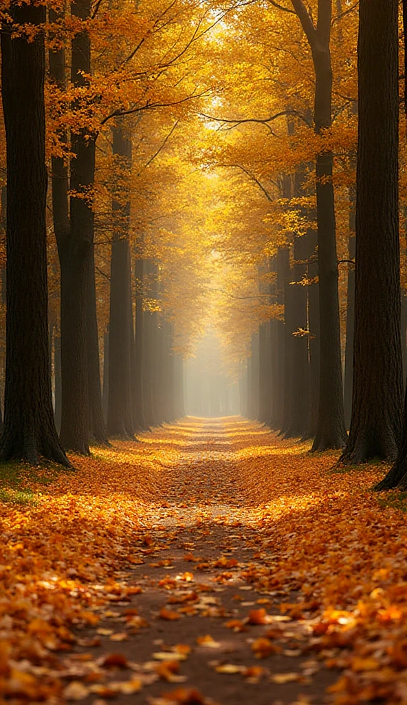 "A serene autumn forest path covered with golden and orange fallen ...