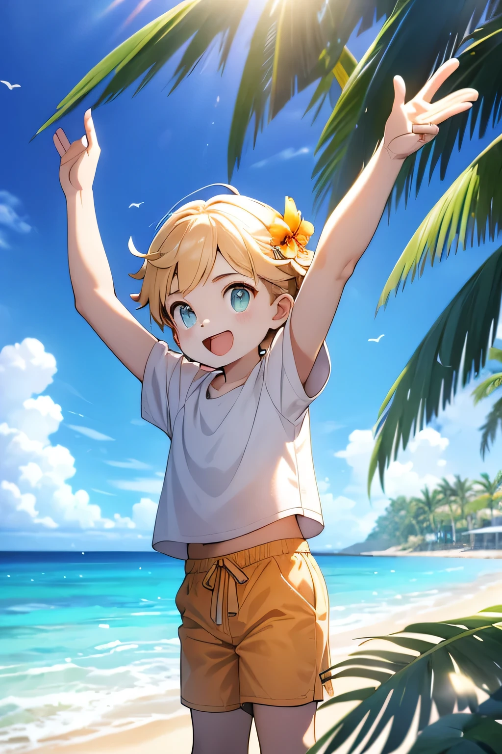 A young man with short hair , dark hair stands happily on a sunny beach. He wears a loose white shirt with orange details and white shorts to match golds and oranges. The outfit has a playful touch, summary feel , perfect for a beach environment. The posture is relaxed, with arms raised playfully above his head, evoking a sense of freedom and joy. The background shows a bright blue sky dotted with fluffy white clouds, typical of a sunny day . Palm trees flank the scene, vibrant creating a tropical atmosphere . The ocean extends in the background, a vibrant blue that gently meets the sandy shore. The light is reflected in the water, creating a calm and cheerful atmosphere, suggesting a warm, .