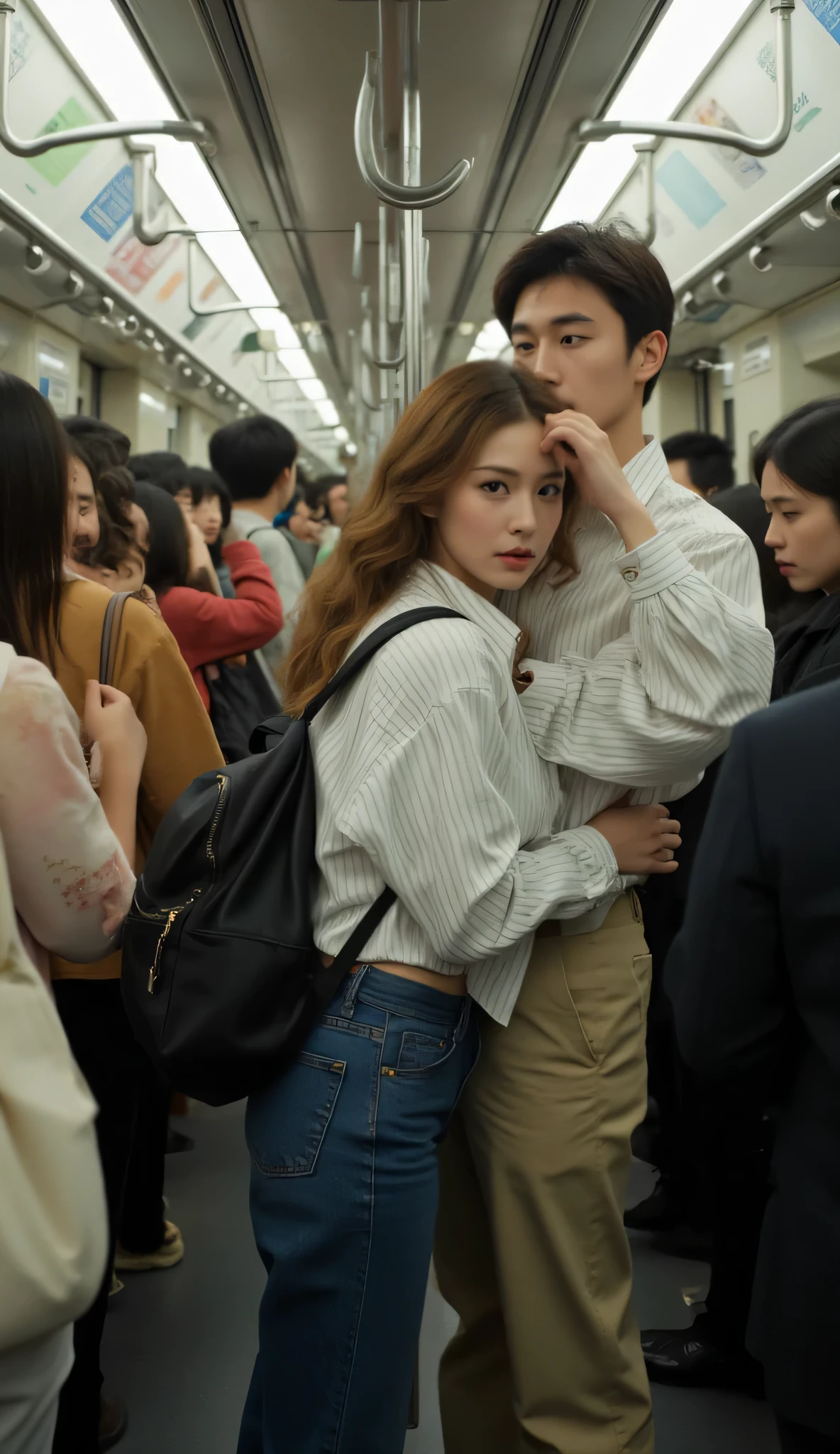 The crowded and crowded atmosphere of the Japanese subway cars, the passengers stand sideways in unison while holding the handle hanger above. In the middle of the passenger standing there is a beautiful woman about 50 years old, dressed sensually like a model, wears a striped white oversize shirt, wearing denim pants 3/4, ukuran dada F40, wavy long hair. She carries a black backpack. Her body is in the middle of a male passenger standing obliquely lined. The man attaches his body to the woman's body while trying to hold the woman's head. Tense woman's expression. All passengers face tired from the long journey. Kamera candid, full body shoot, realistis, 4K.