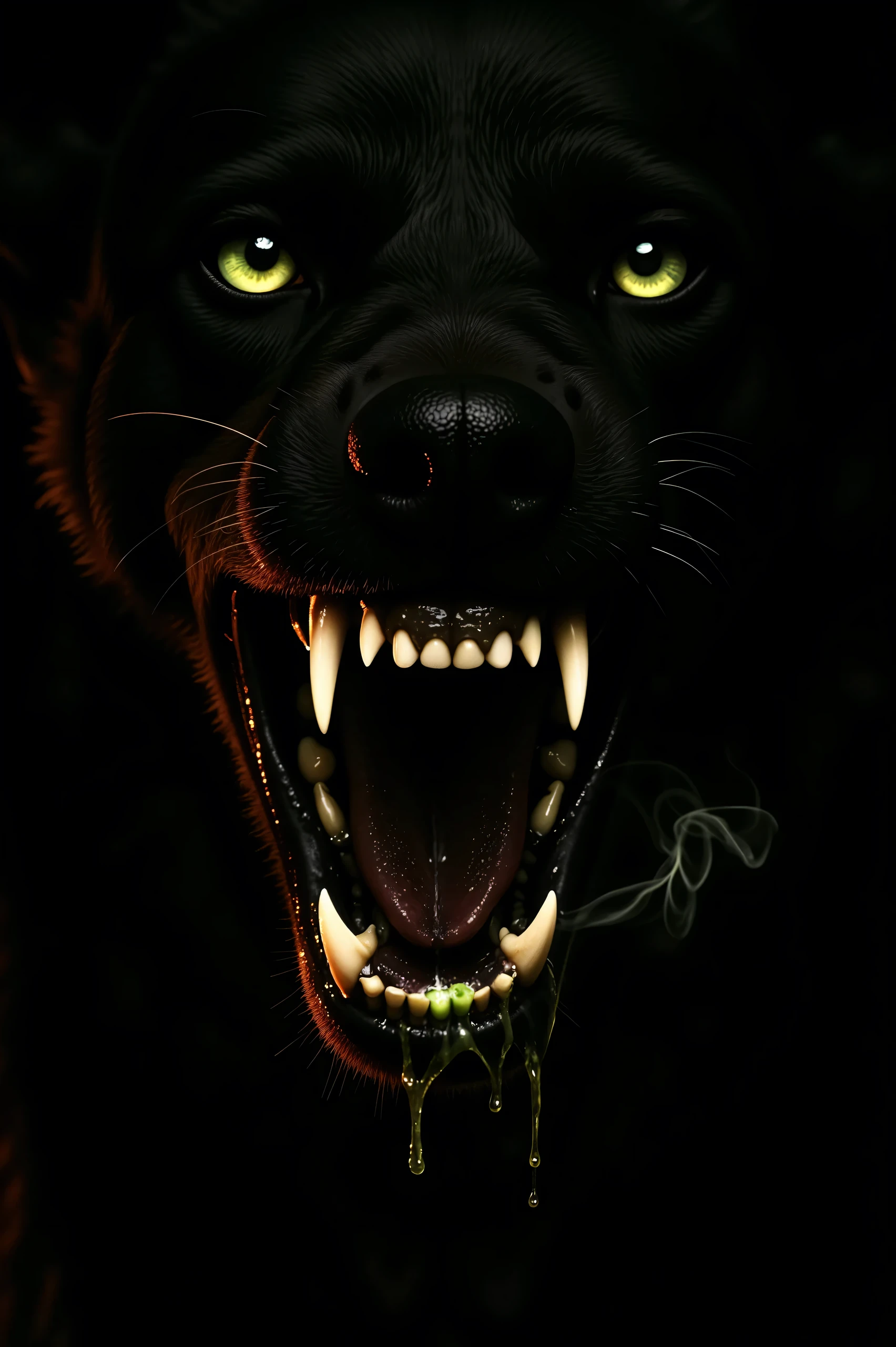 Extreme close-up of the snarling mouth of Cerberus, the mythological three-headed dog. Focus on one head, with jaws wide open, revealing sharp, ivory-colored fangs dripping with viscous, slightly green-tinted acidic saliva. The saliva emits faint green vapor or smoke, swirling around the lower jaw and dissipating into the darkness. The tongue is deep red and textured, and the gums are dark and wet. The lighting is dramatic, with a reddish-orange glow from below highlighting the contours of the muzzle, teeth, and fur. The background is pure black, enhancing the contrast between the glowing saliva and the shadows. The mood is intense, ominous, and cinematic.