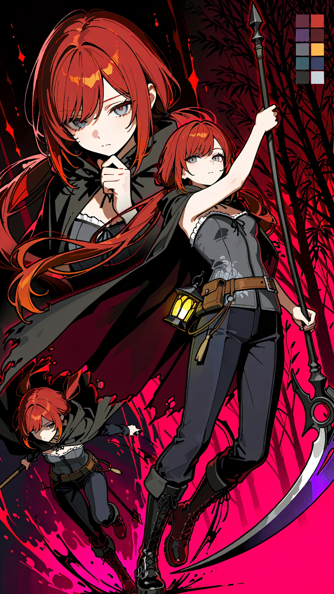 (masterpiece:1.2, Best Quality), (finely detailed beautiful eye: 1.2), (beautiful detailed face, good_hands),  expressionless, different poses, lifeless eyes, tired, upper body, portrait, action pose, holding scythe, black scythe, scythe with dark purple edge, dynamic angle, dark red hair,swept bangs, low twin tails, gray eyes, strapless gray shirt, white frill trim, black trousers, black combat boots, tattered black cloak, willow tree branches, dark background, lantern, small , thin, (color guide:1.2), (multiple views), (full body), dynamic pose,dramatic composition with ink splatter effects, manga style with explosive effect,dramatic lighting, dark purple splash effect,